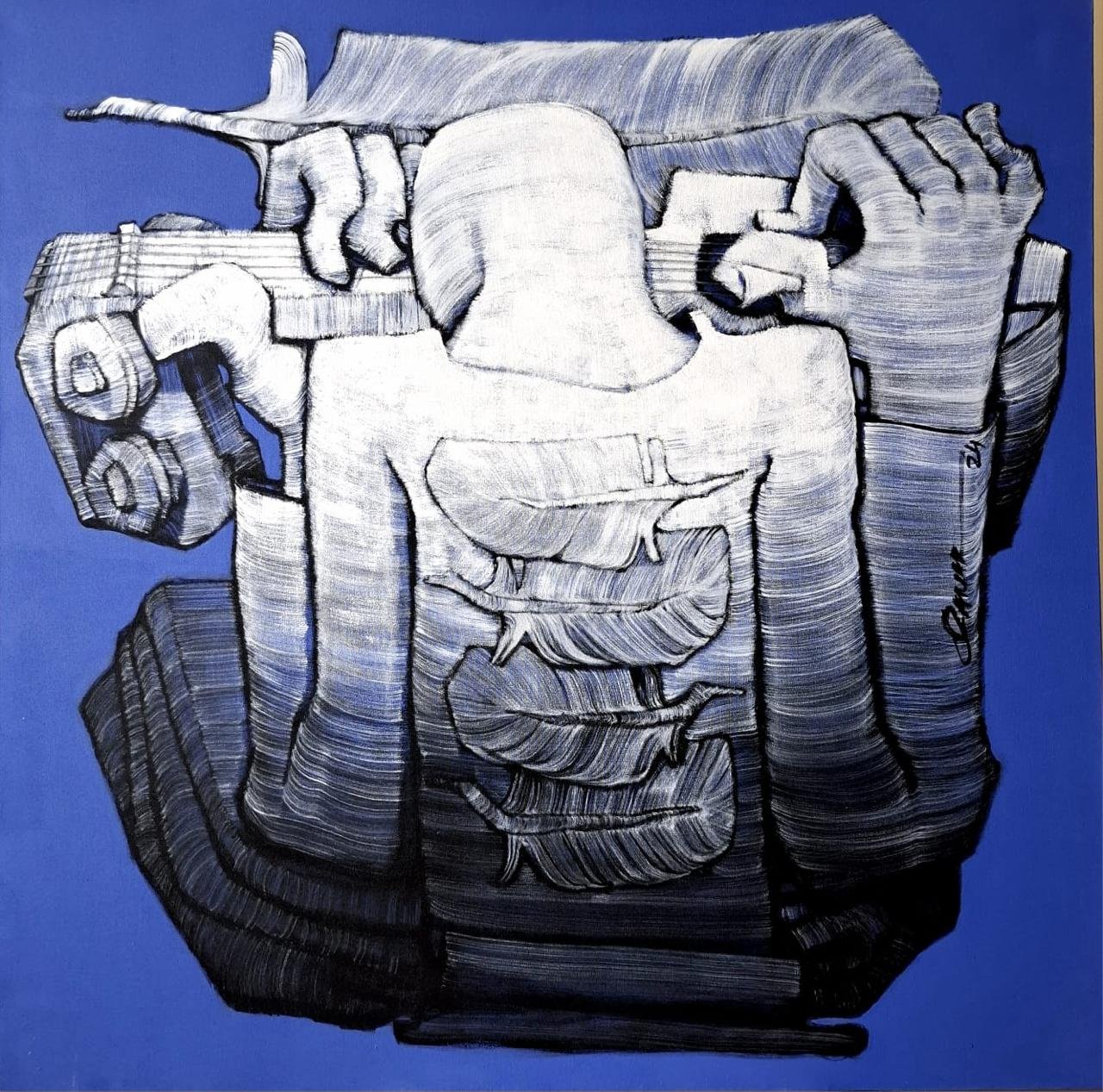 Qamar Siddiqui Back View Musician Acrylic On Canvas 48x48 inches