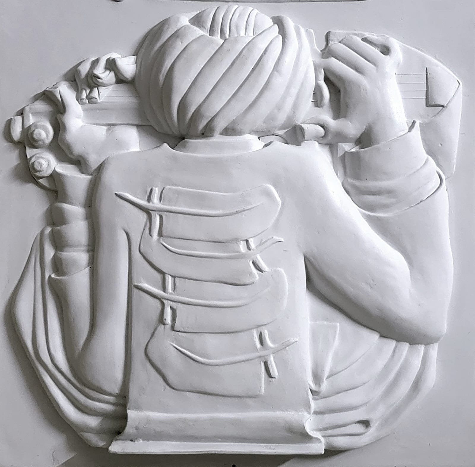 Qamar Siddiqui Back View Musician Relief Fiber Glass Sculpture 30x36 inches