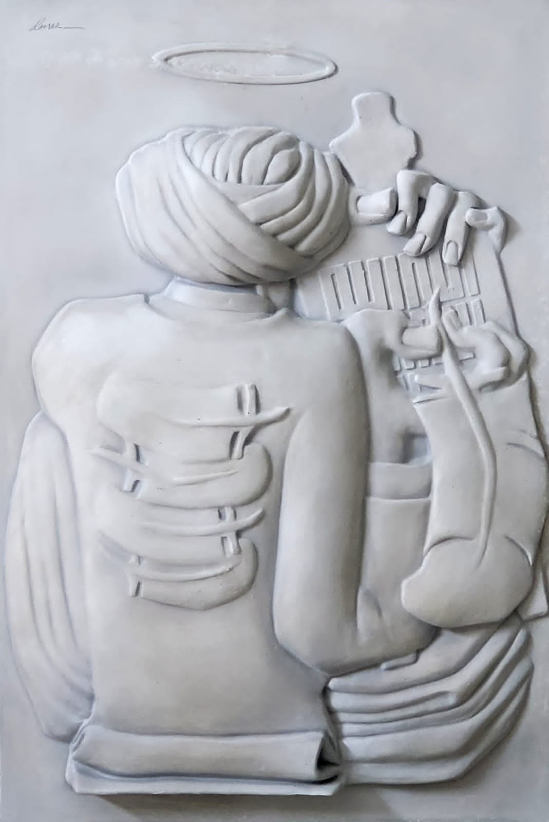 Qamar Siddiqui Back View Scholar Fiber Glass Relief Sculpture 24x36 inches