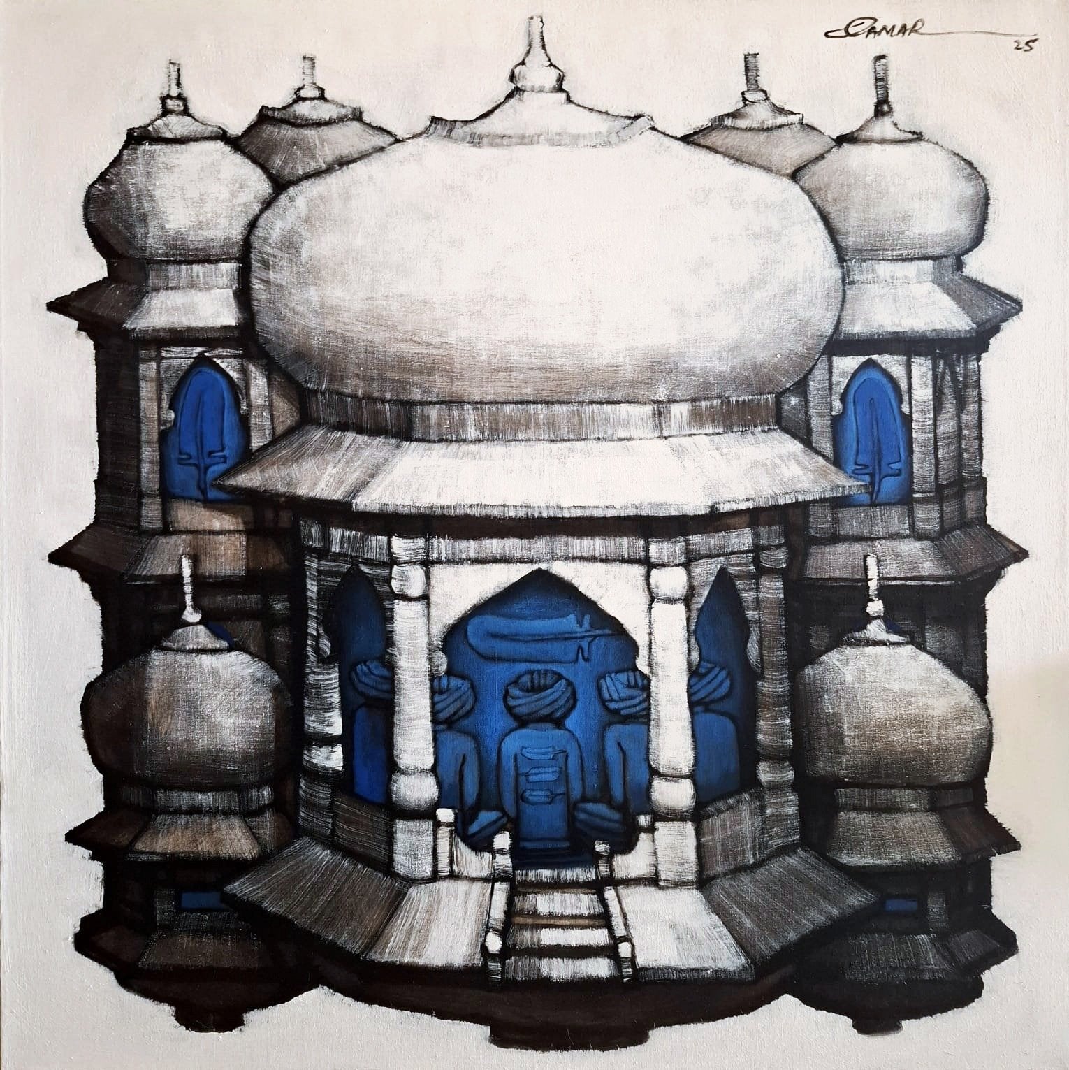 Qamar Siddiqui Blue Dome Architecture Acrylic On Canvas 36x36 inches