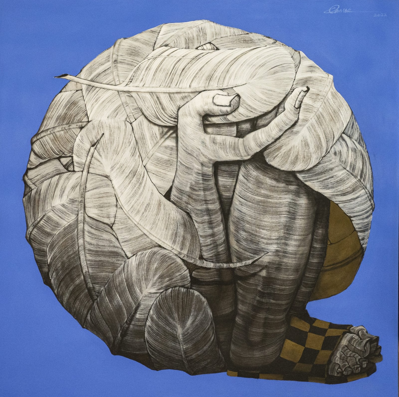 Qamar Siddiqui Curled Figure Leaves Acrylic On Canvas 48x48 inches