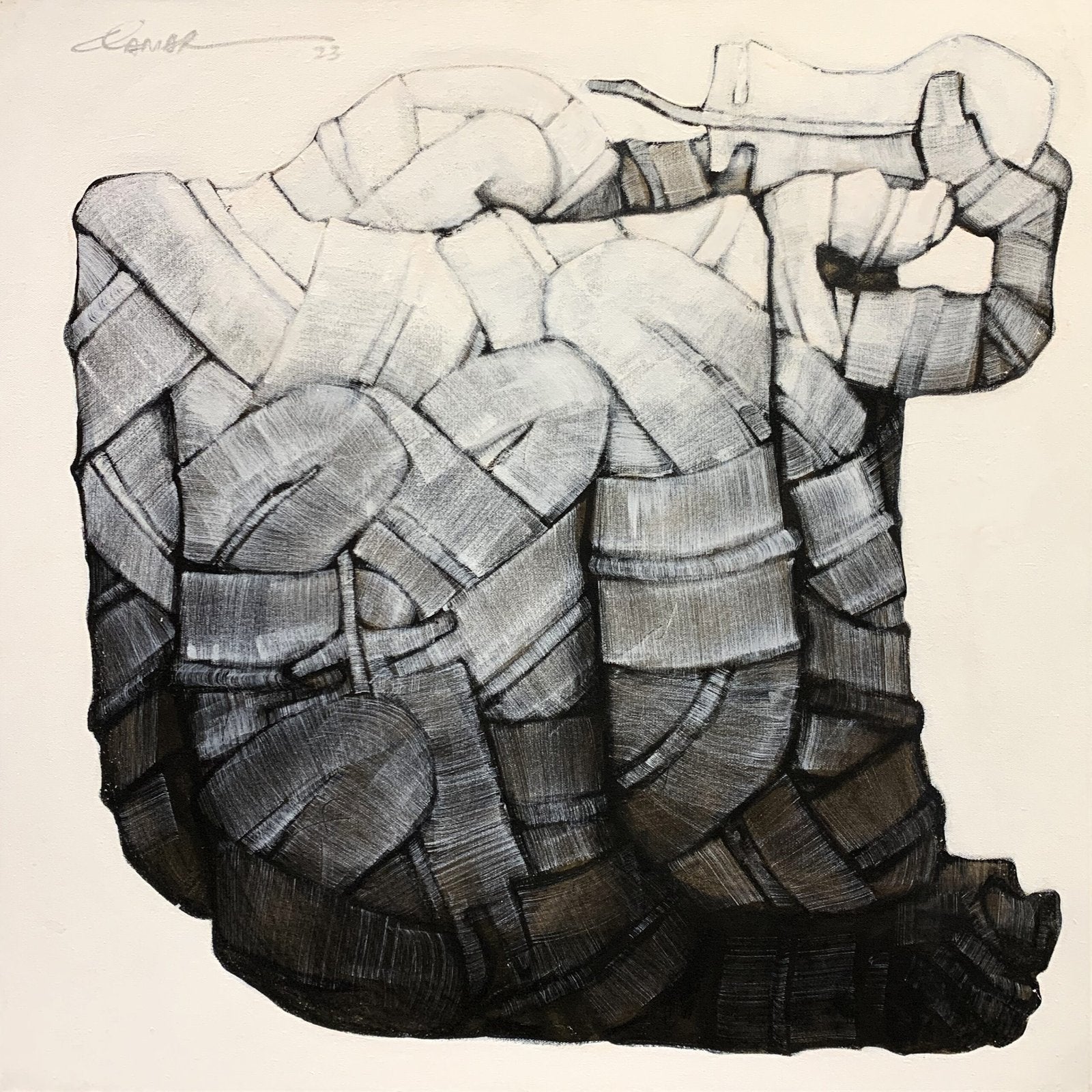 Qamar Siddiqui Monochrome Wrapped Form Acrylic On Canvas 24x24 inches