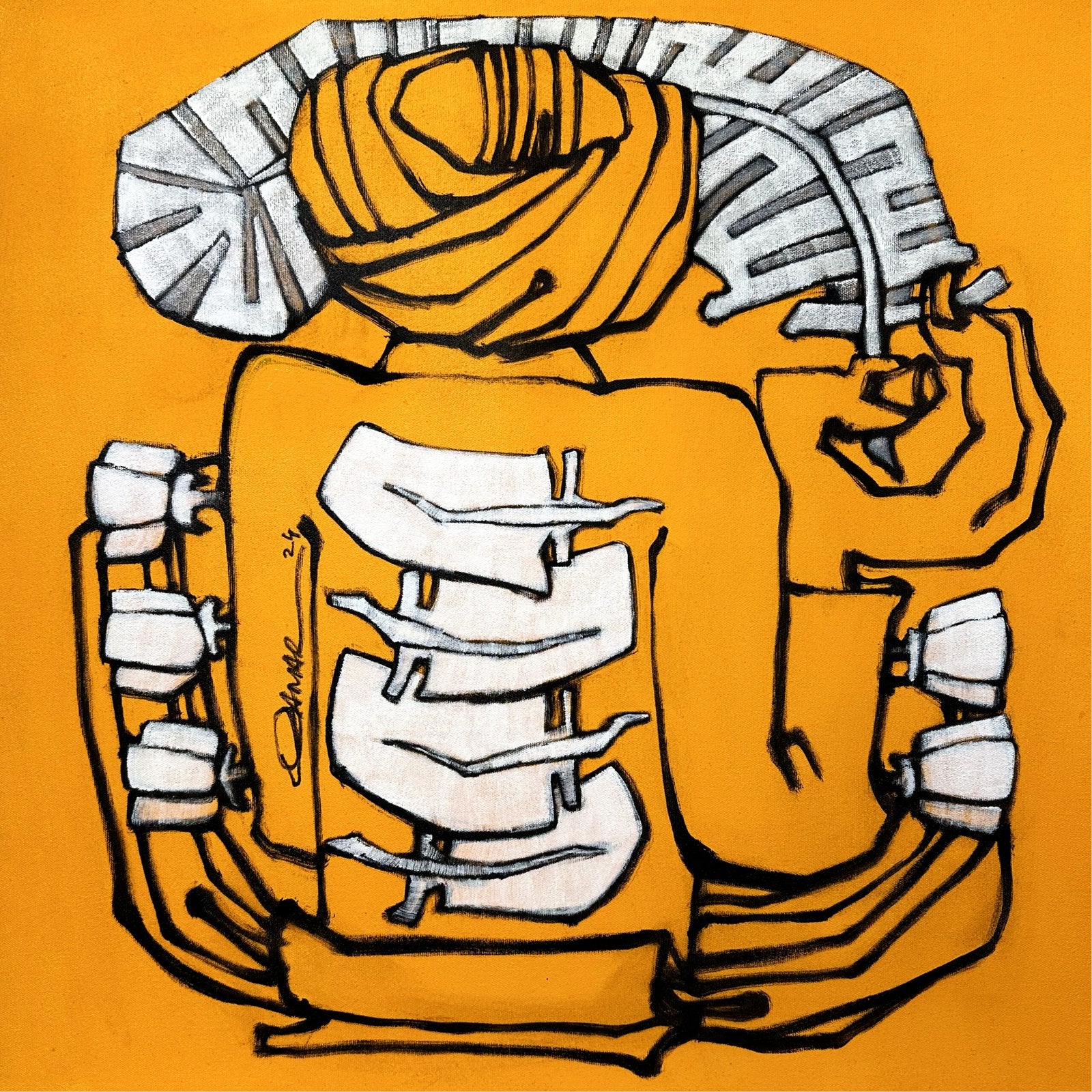 Qamar Siddiqui Orange Abstract Wrapped Form Acrylic On Canvas 24x24 inches