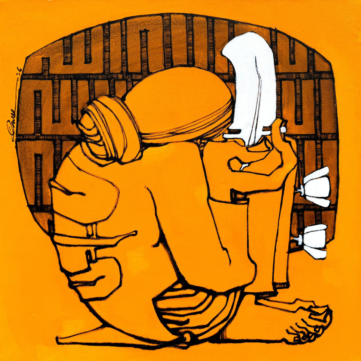 Qamar Siddiqui orange figure acrylic painting on canvas 24x24 inches Pakistani contemporary art seated man turban