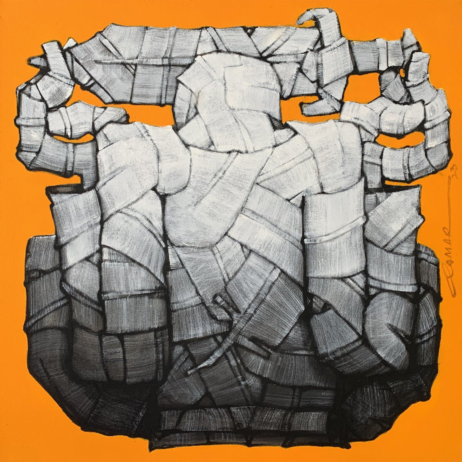 Qamar Siddiqui Orange Wrapped Layers Abstract Acrylic On Canvas 24x24 inches
