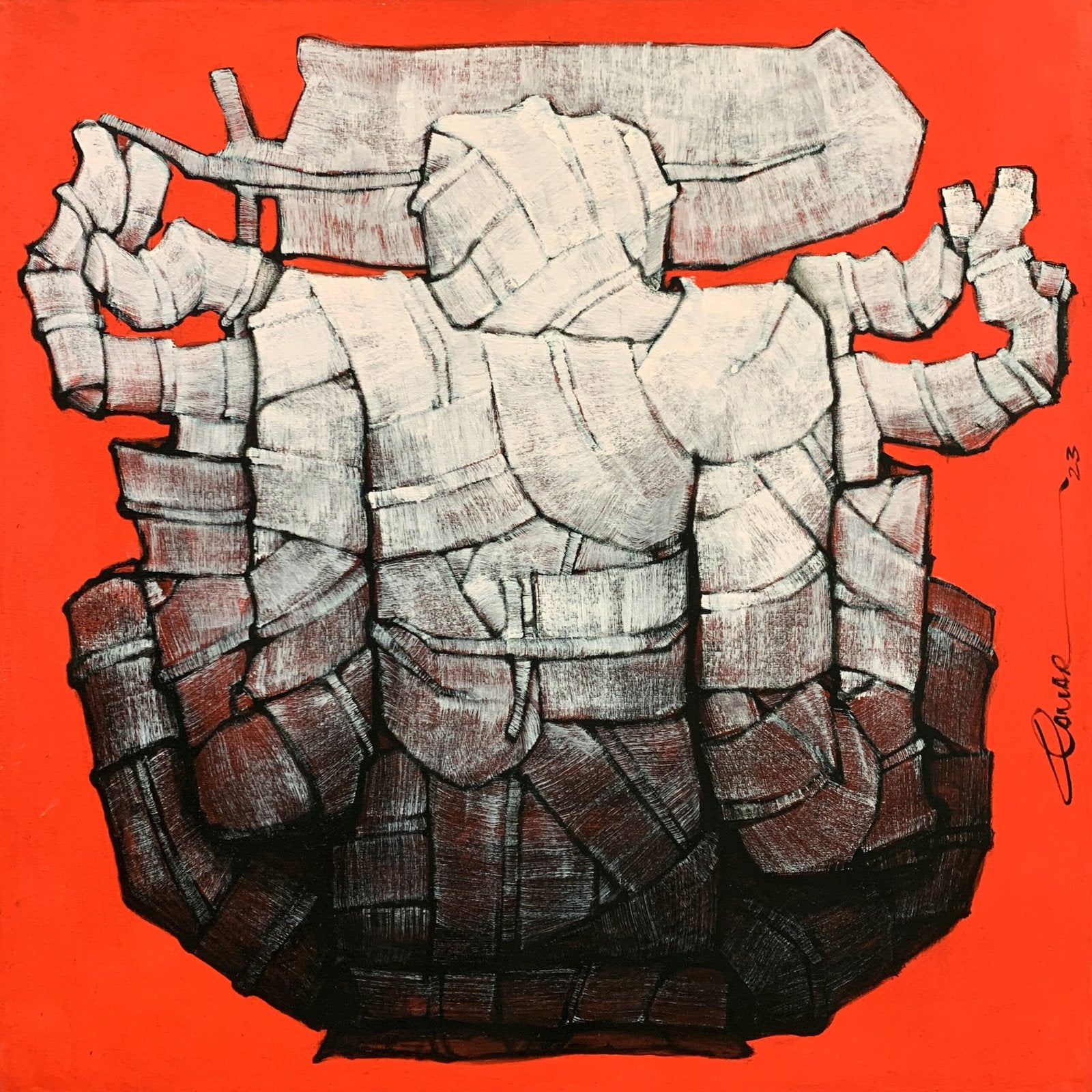 Qamar Siddiqui Red Background Abstract Acrylic On Canvas 24x24 inches