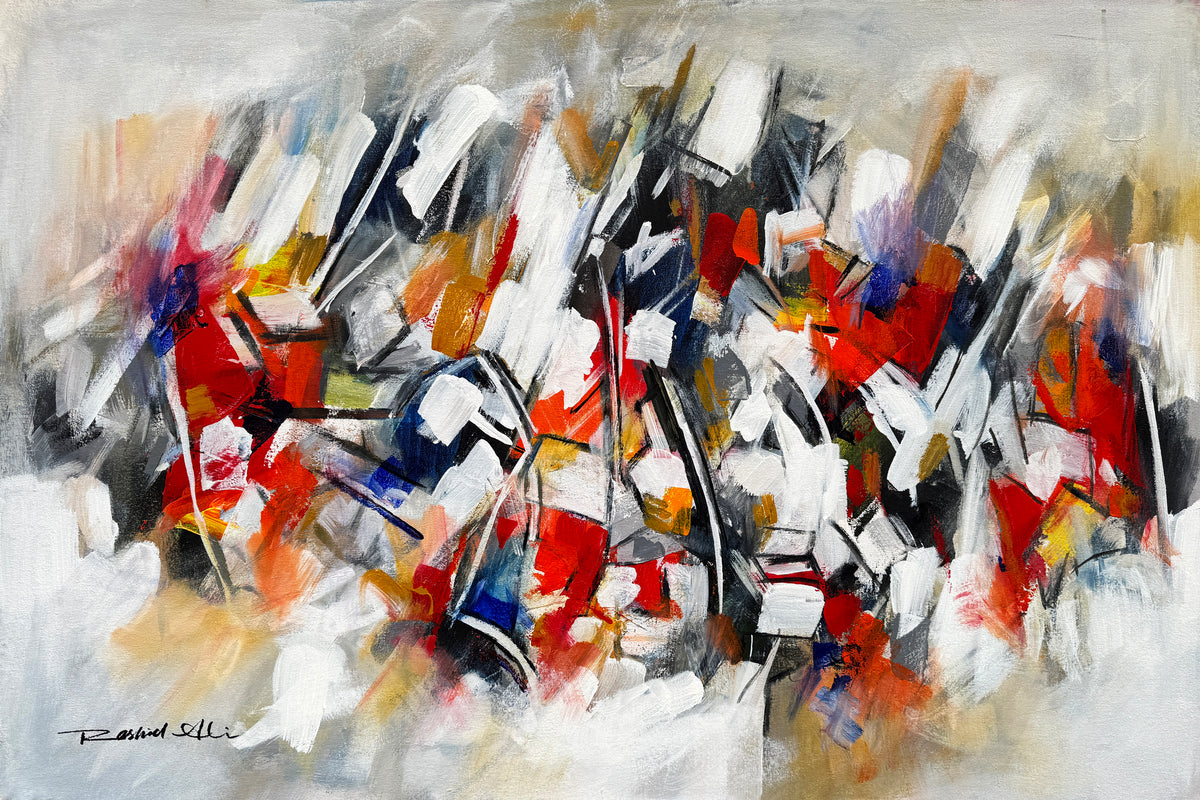 Rashid Ali abstract oil painting on canvas 24x36 inches color explosion artwork with bold red white blue gold and black brushstrokes