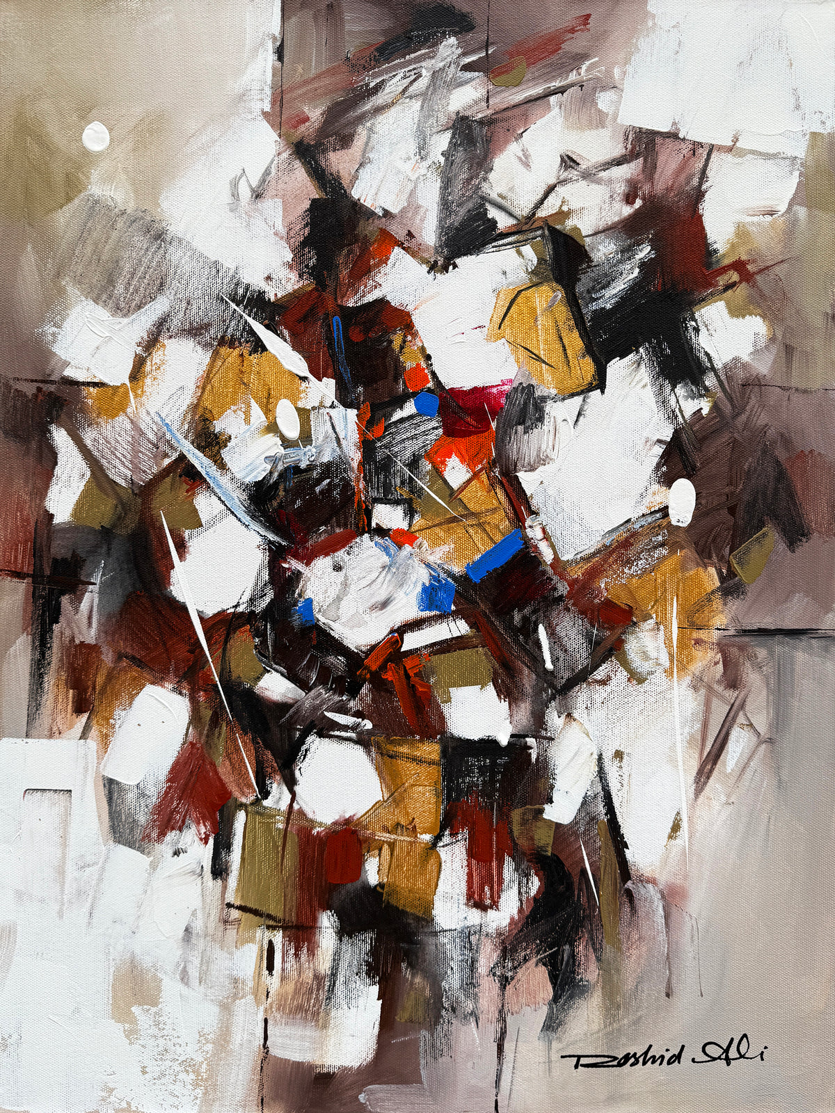 Rashid Ali abstract oil painting on canvas 18x24 inches geometric energy artwork with bold white gold brown red and blue textured brushstrokes