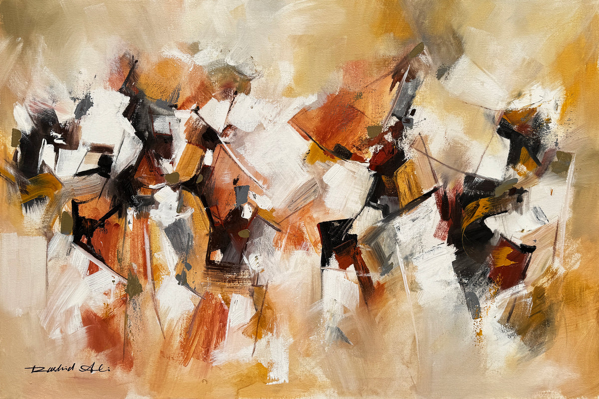 Rashid Ali abstract oil painting on canvas 24x36 inches golden amber composition with bold white black and orange textured brushstrokes