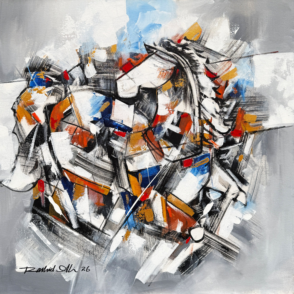 Rashid Ali fragmented motion abstract oil painting on canvas 24x24 inches geometric horse with bold brushstrokes white grey red blue gold