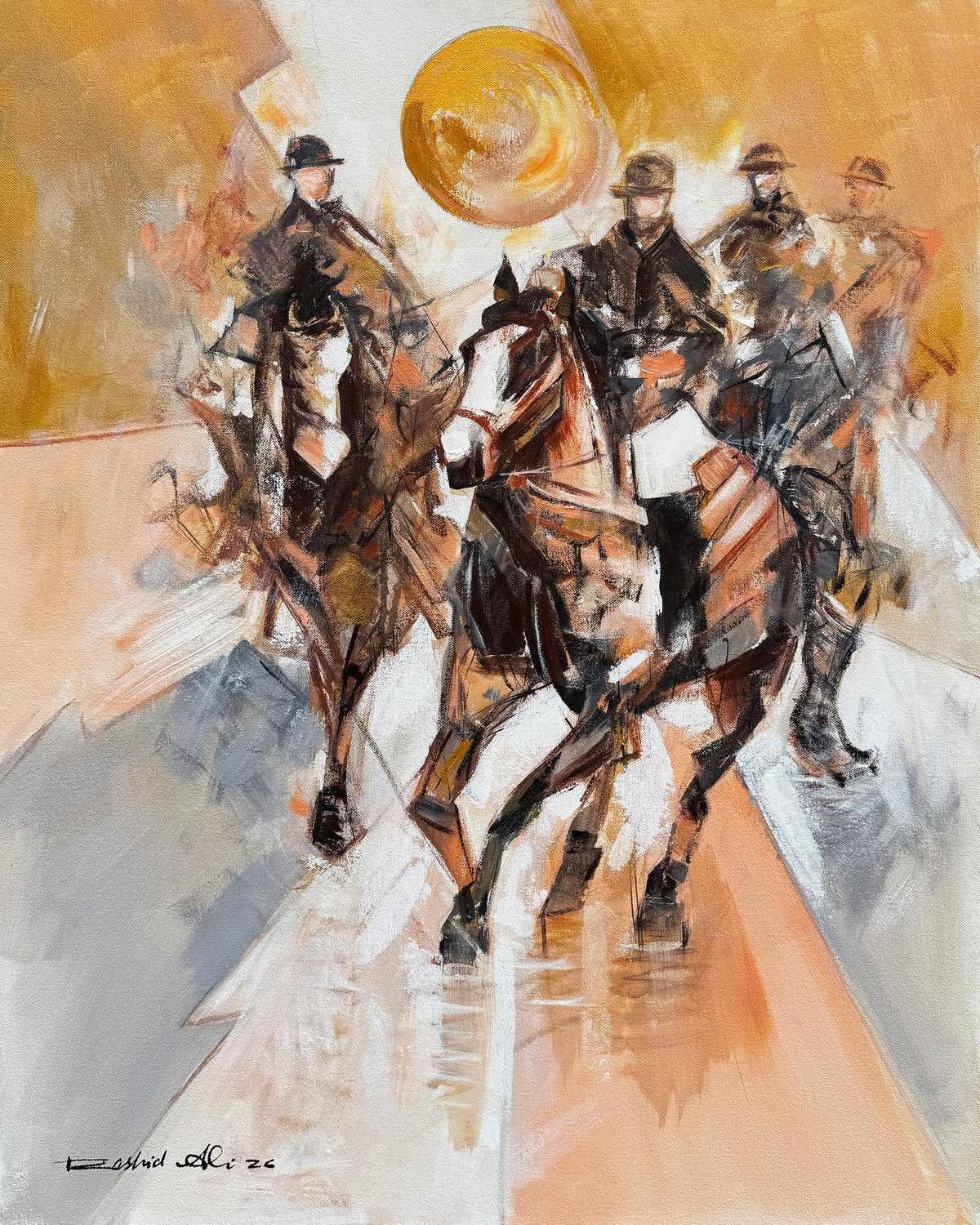 Rashid Ali horse riders oil painting on canvas 24x30 inches 4 riders galloping under golden sun abstract equestrian art in gold brown and black