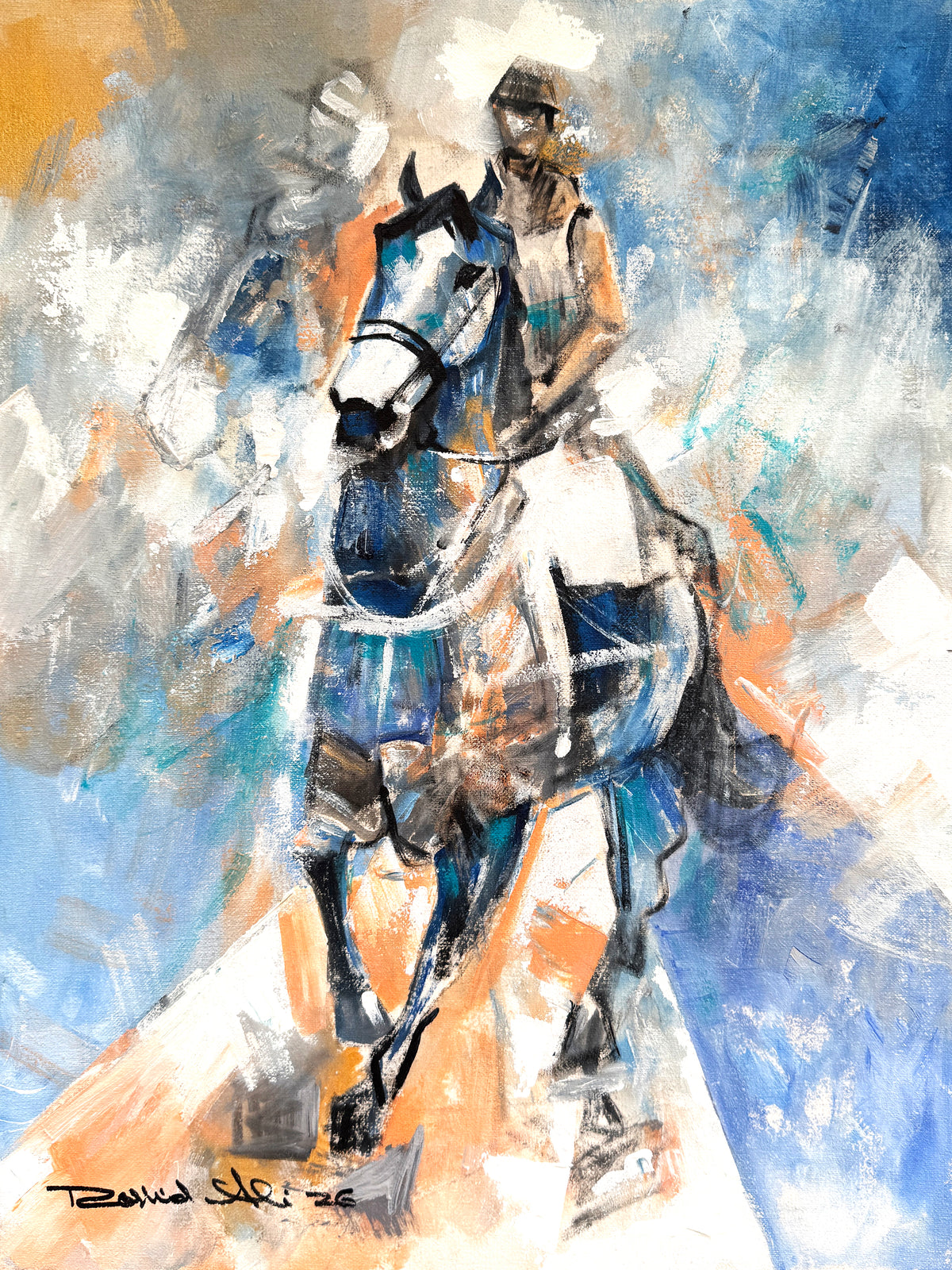 Rashid Ali polo player oil painting on canvas 12x16 inches abstract equestrian art with blue gold orange and white textured brushstrokes