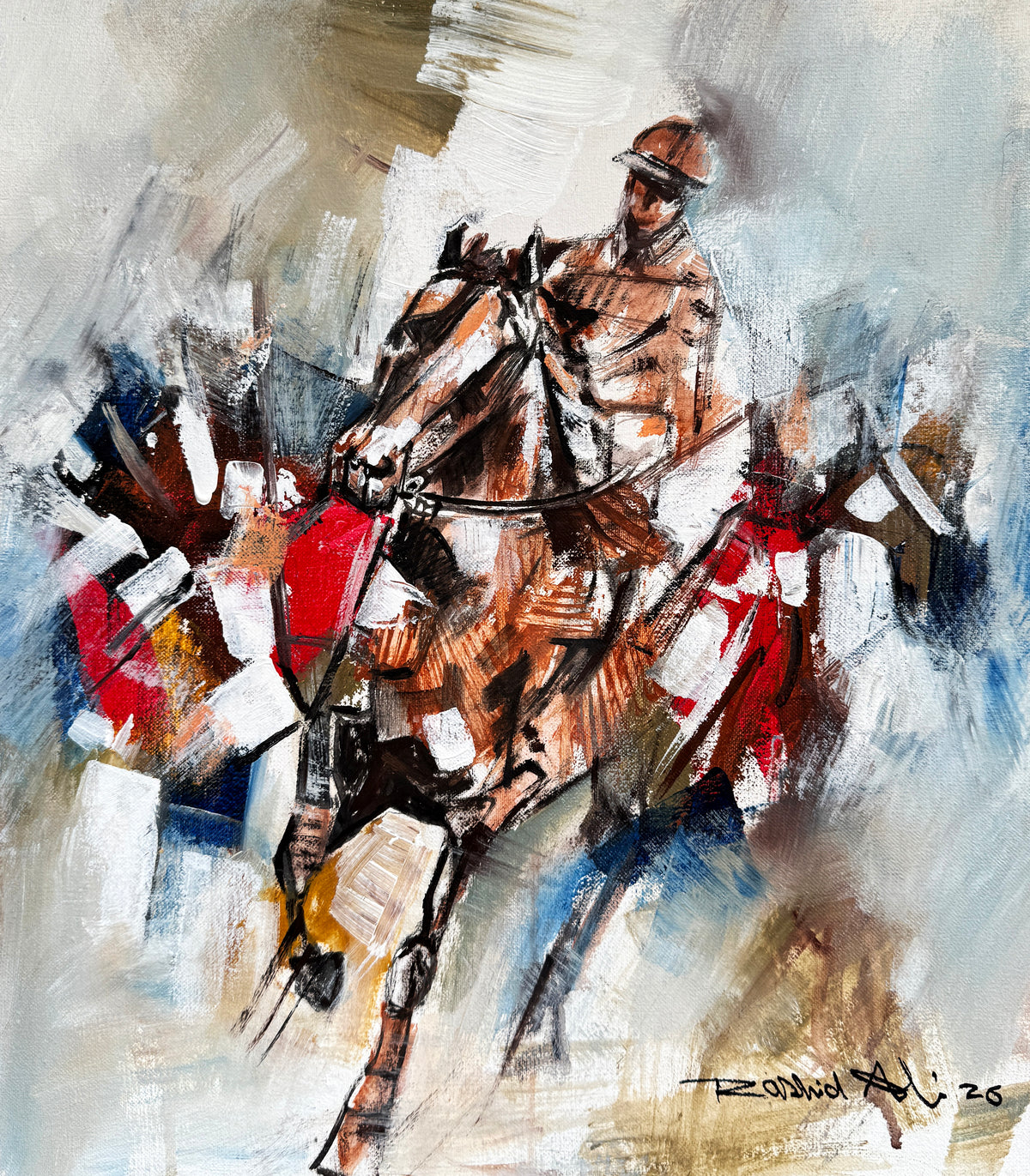 Rashid Ali polo player oil painting on canvas 14x16 inches abstract equestrian art with red orange white and blue textured brushstrokes