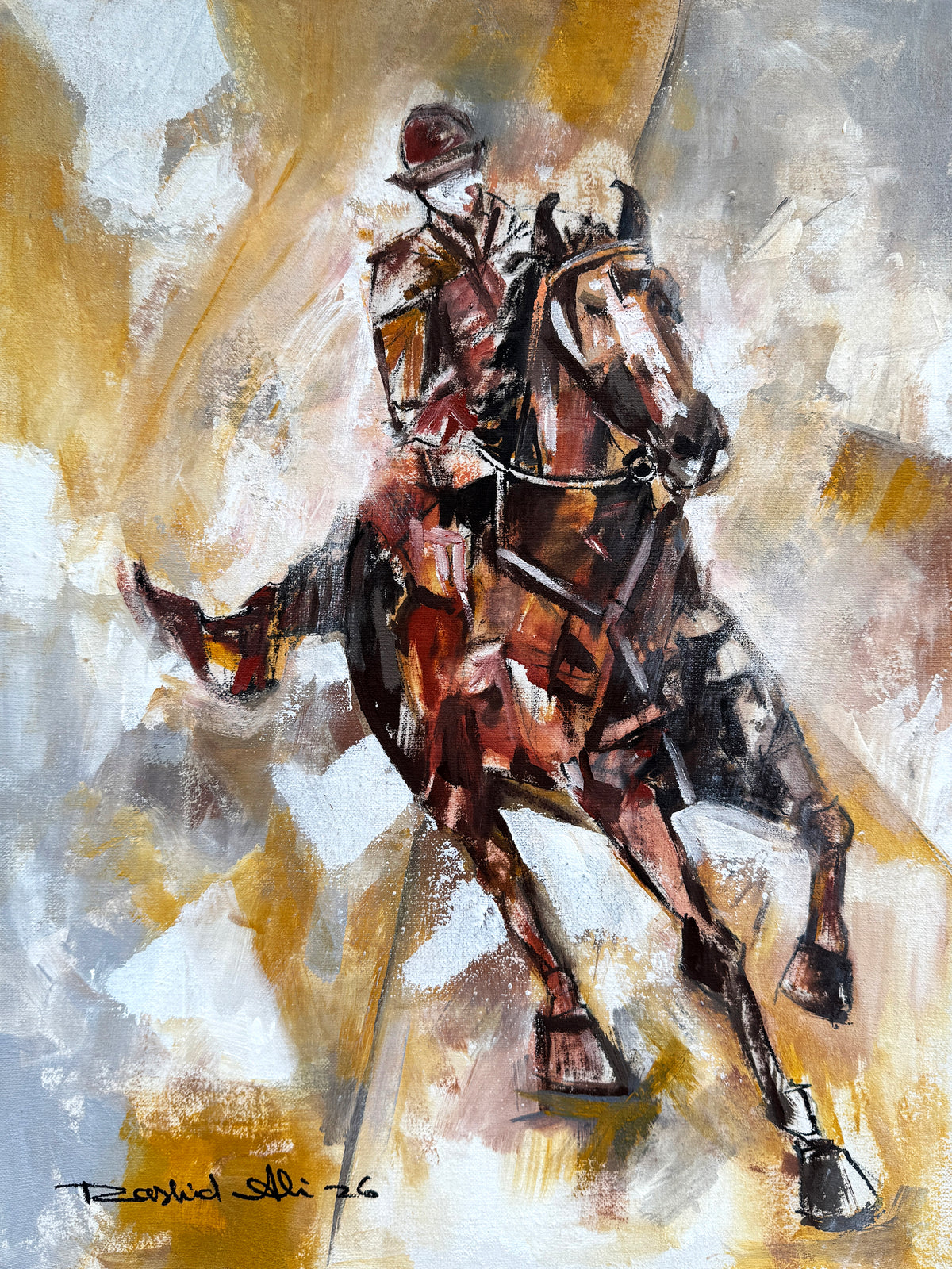Rashid Ali polo player oil painting on canvas 12x16 inches abstract chestnut horse and rider in motion with gold white and brown brushstrokes