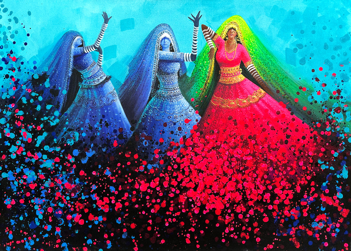 Razia Sehar celebrating trio oil on canvas 30x42 inches three folk dancers turquoise background