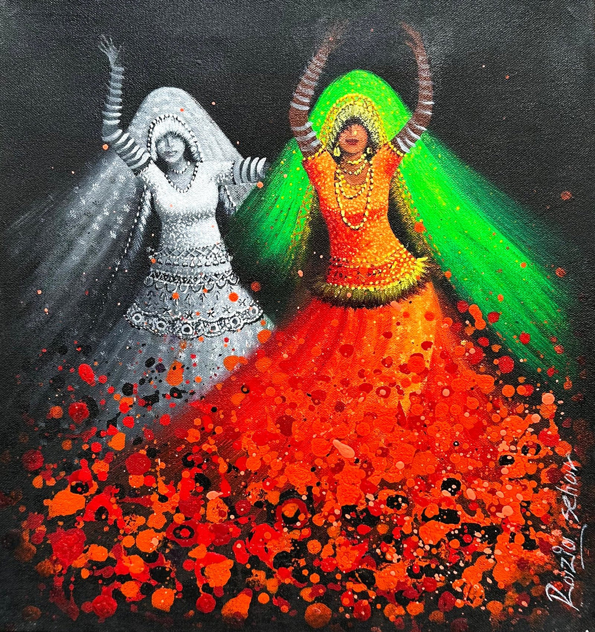 Razia Sehar midnight celebration oil on canvas 14x16 inches black background folk dance