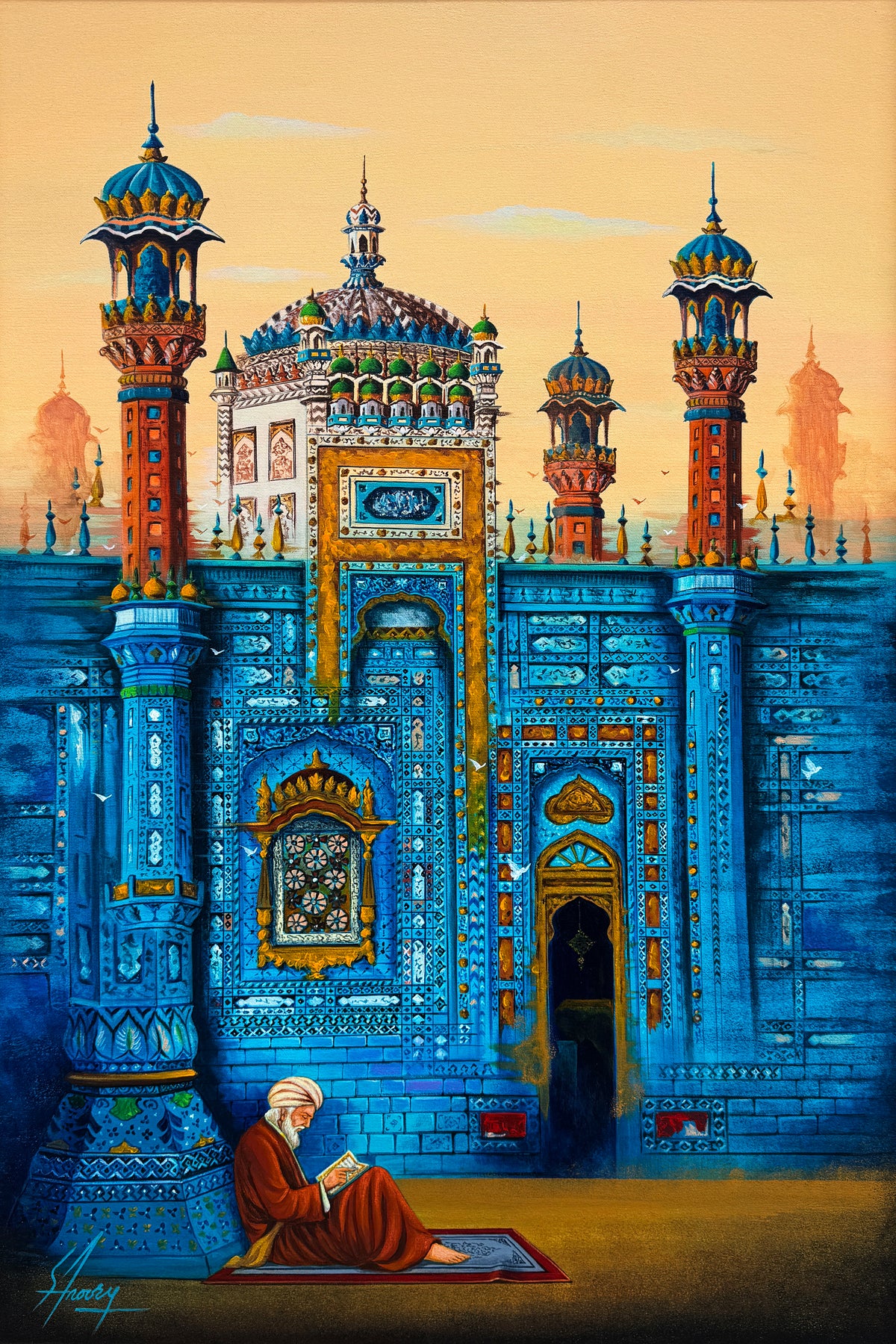 S A Noory blue shrine acrylic painting on canvas 24x36 inches Pakistani architecture with intricate tilework minarets domes and figure in prayer