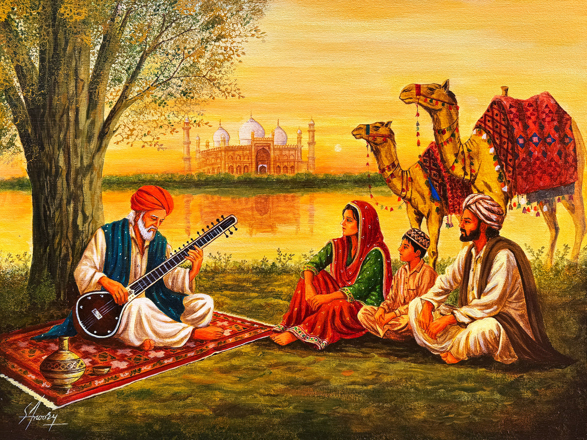 S A Noory cultural gathering acrylic painting on canvas 18x24 inches traditional Pakistani scene with sitar player family camels and Taj Mahal at sunset