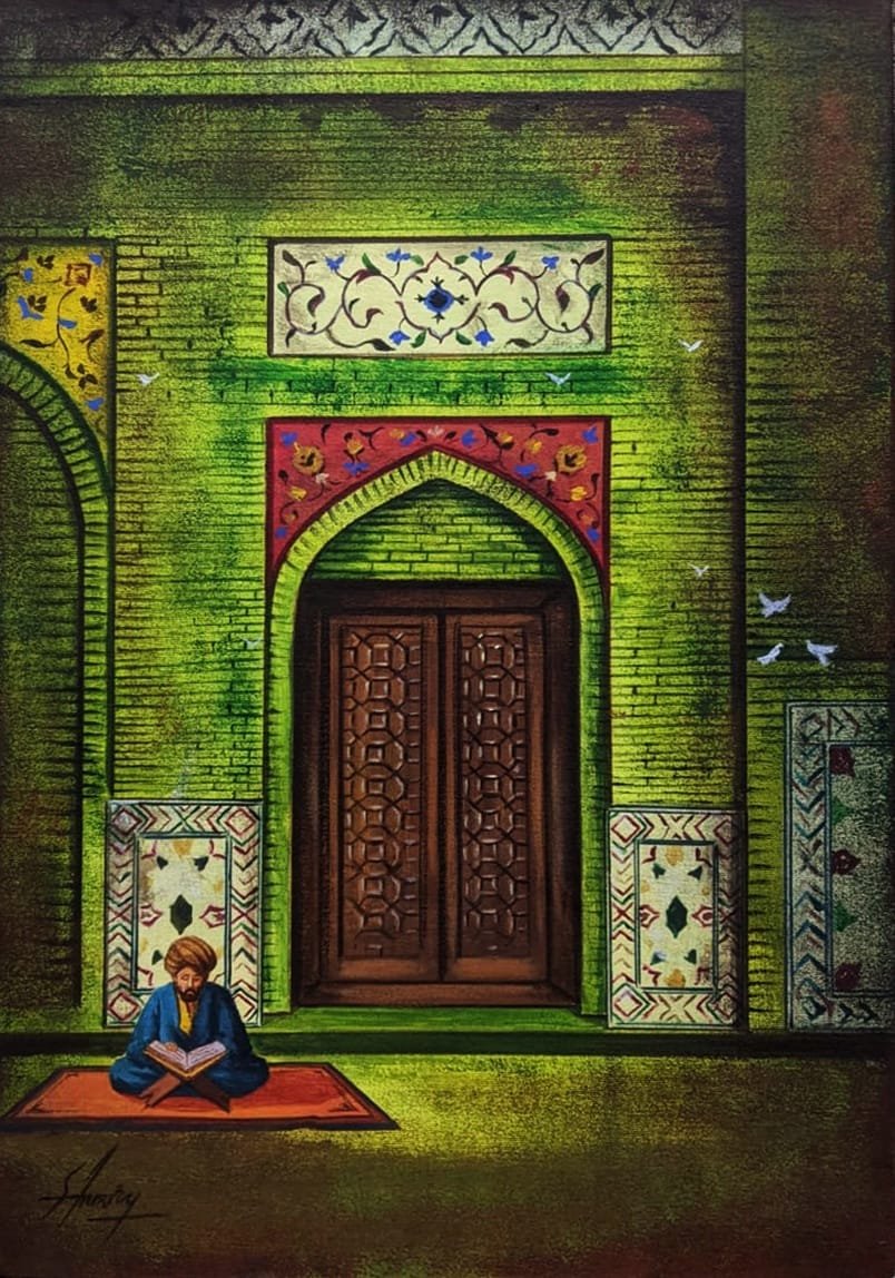 S A Noory Green Mosque Devotion acrylic painting on canvas 14x20 inches figure reading outside vibrant green mosque with ornate tilework and arched door