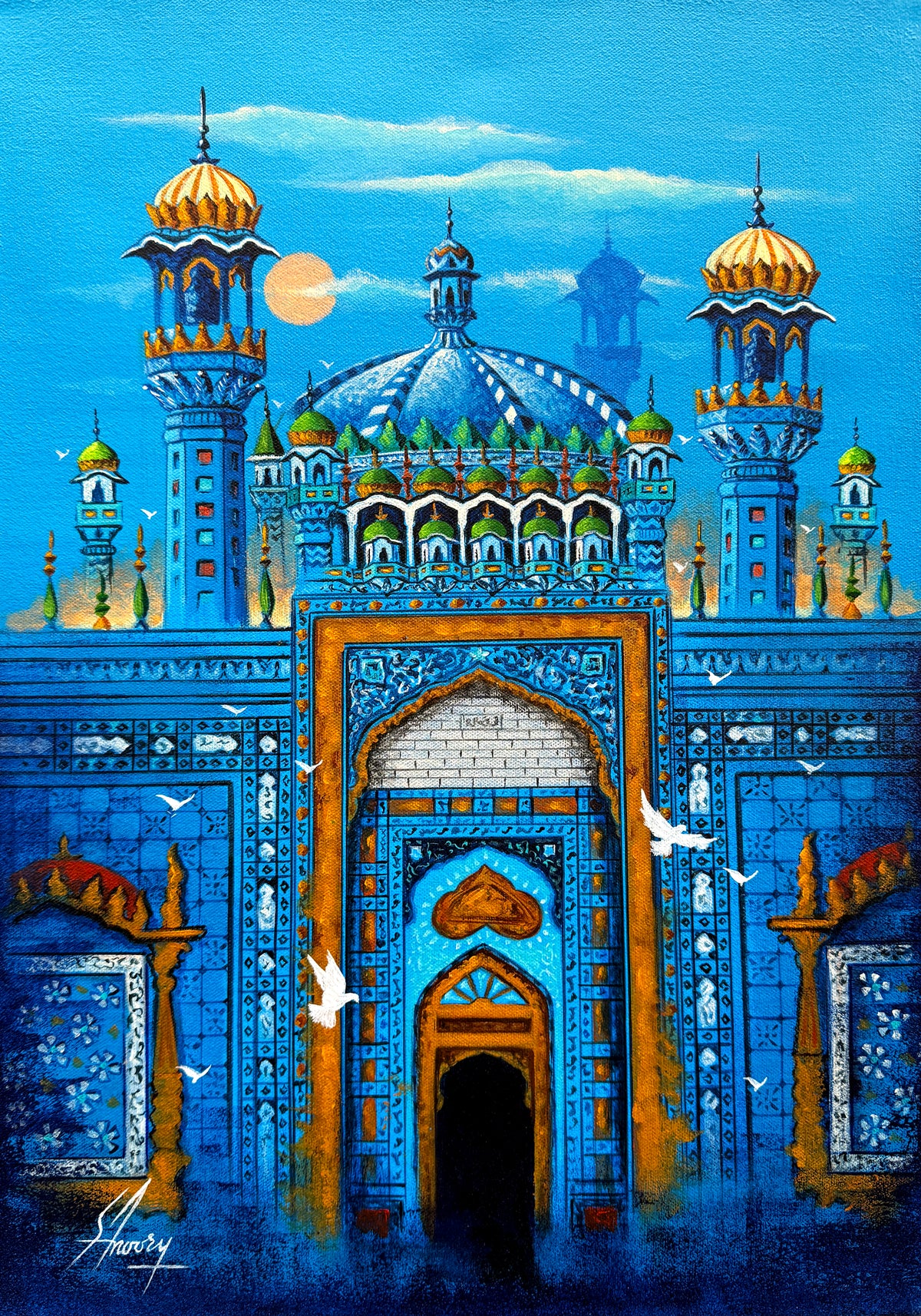 S A Noory Mystic Blue Mosque acrylic painting on canvas 14x20 inches Pakistani architecture with blue domes minarets intricate tilework and golden details