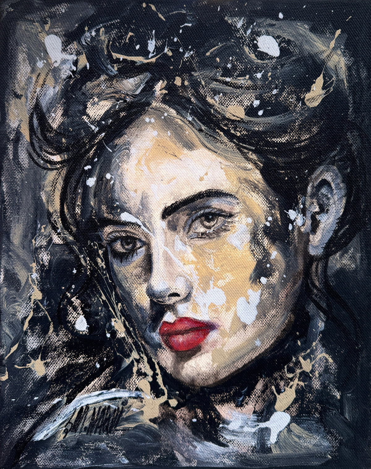 S M Naqvi golden splash woman red lips portrait acrylic on canvas 10x12 inches