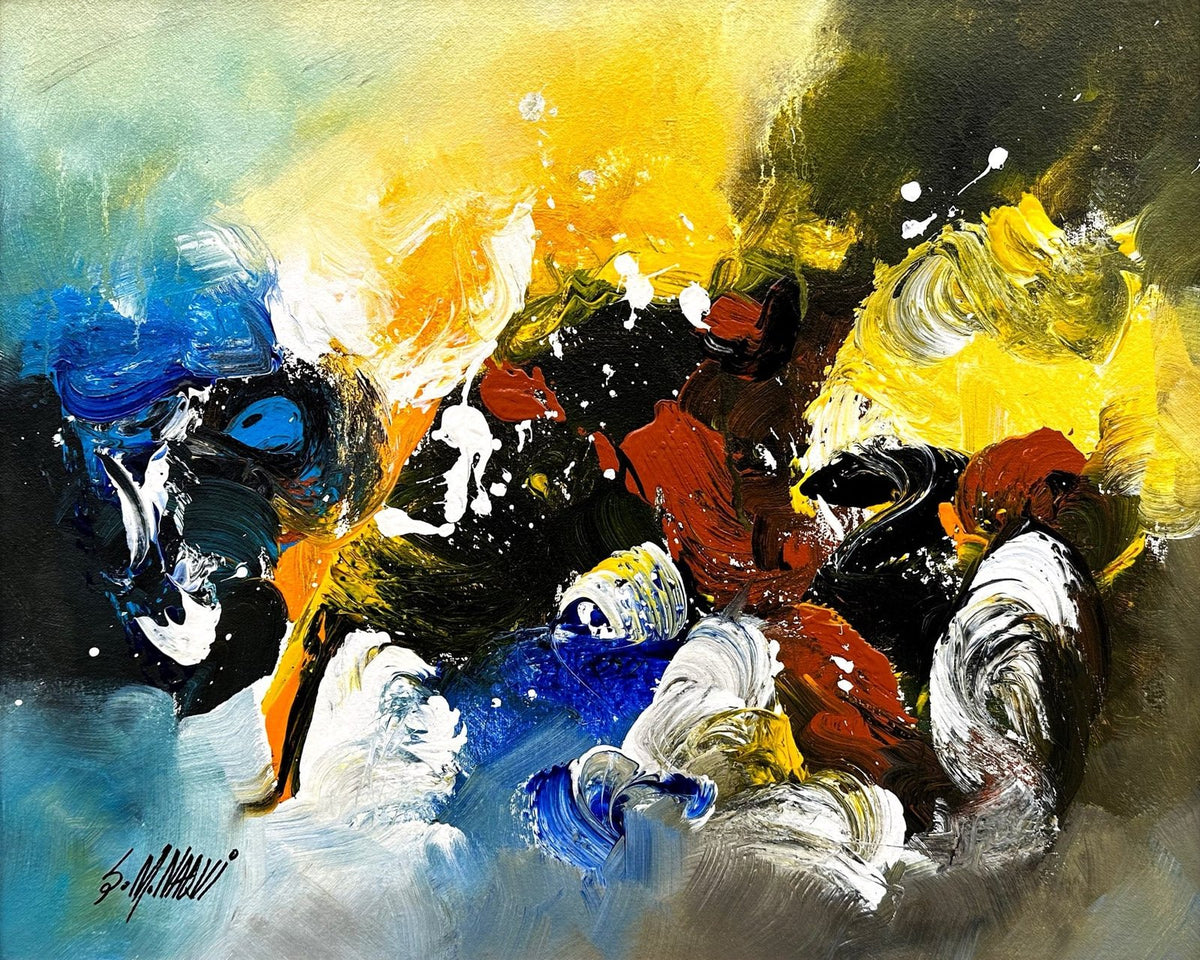 Abstract acrylic painting on canvas by S.M. Naqvi featuring vibrant blue, yellow, and red textured strokes.