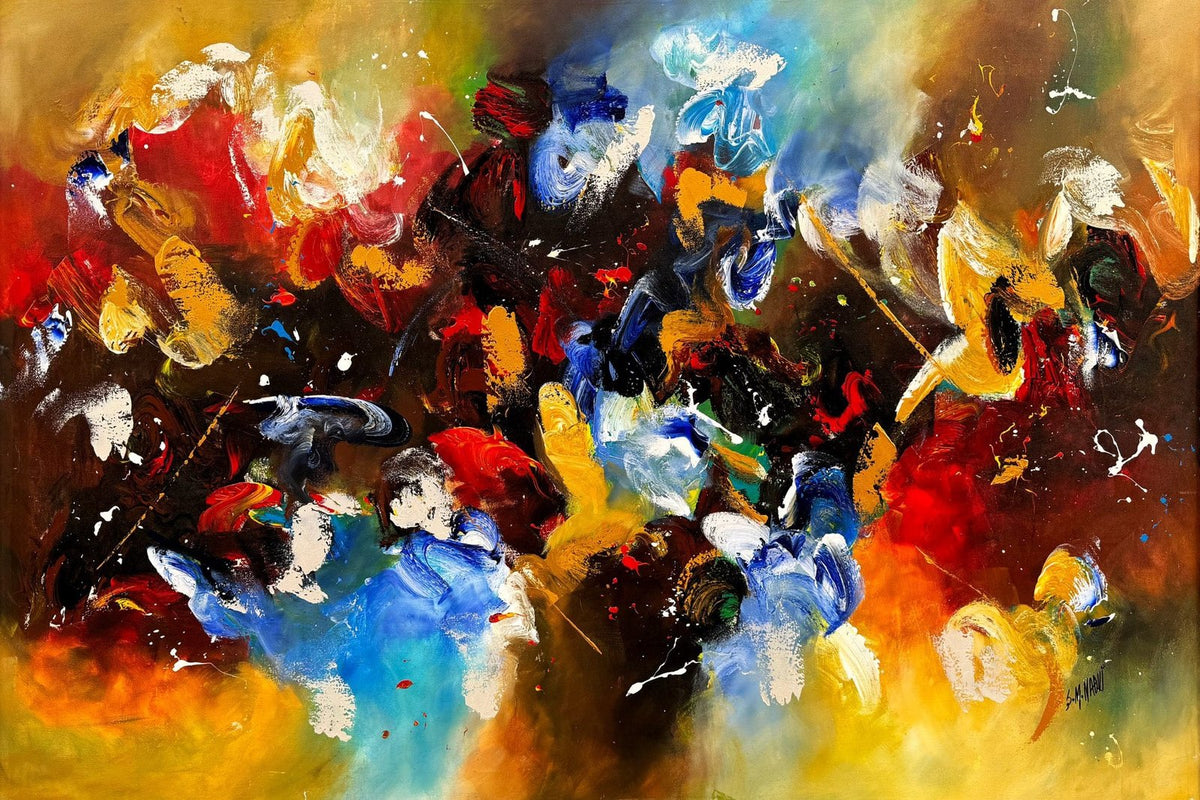 S M Naqvi abstract horizontal acrylic painting on canvas with red yellow blue and brown colors.