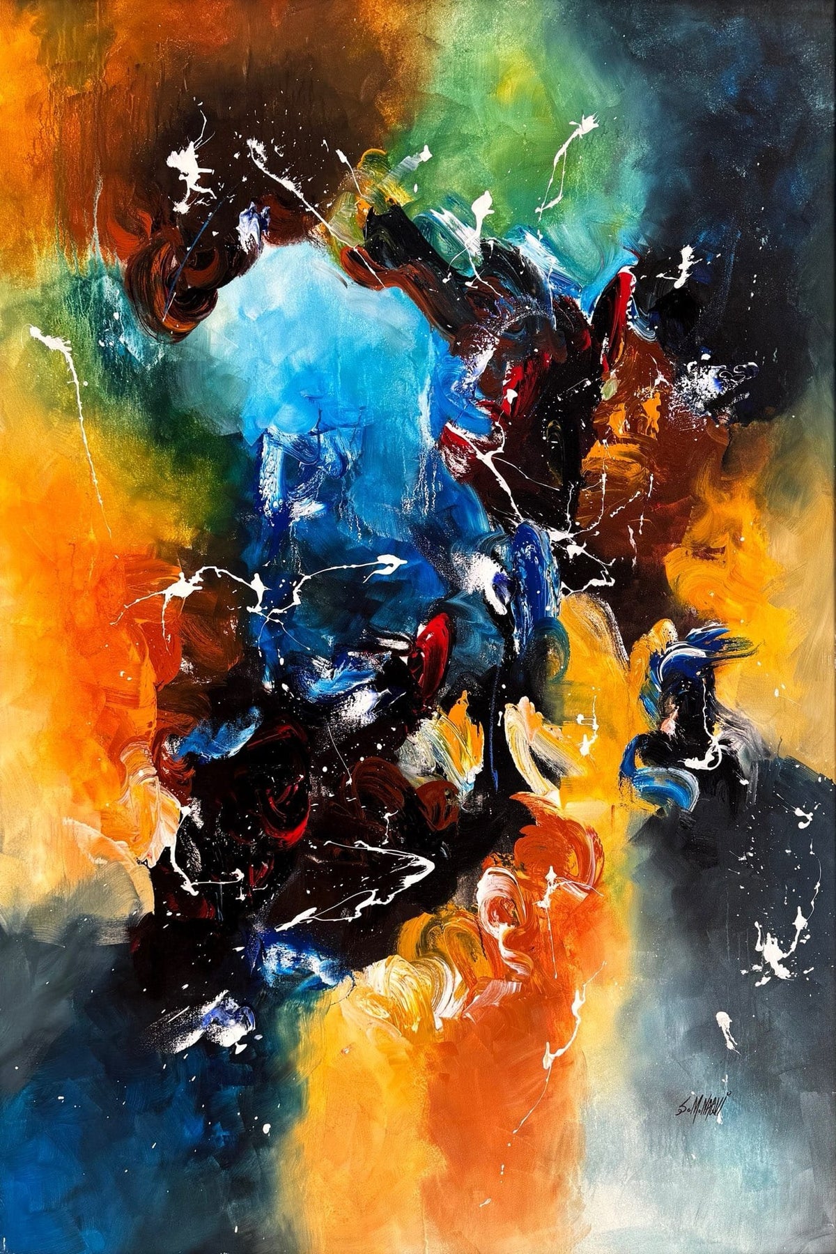 Abstract acrylic on canvas painting by S M Naqvi featuring vibrant blue, orange and yellow colors with white paint splashes.