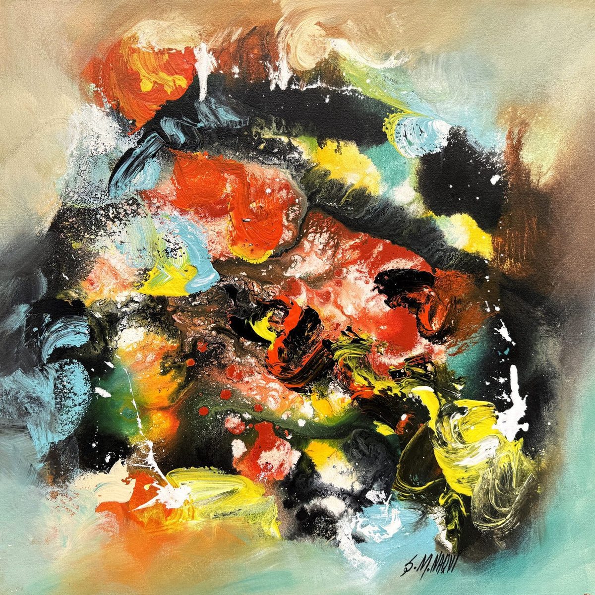 Abstract Pulse acrylic painting on canvas with red yellow and black tones by S.M. Naqvi.