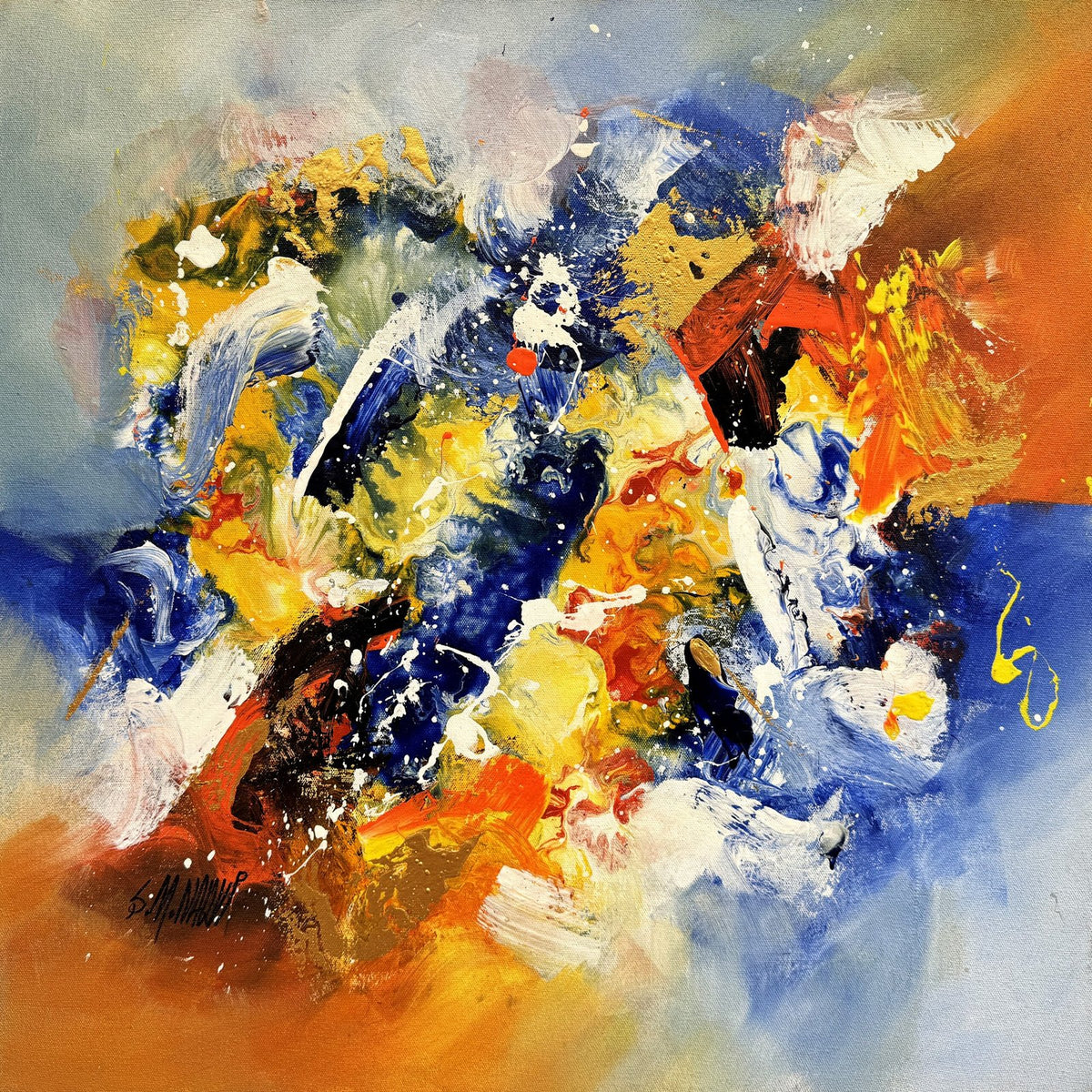 Chromatic Surge original abstract painting with blue and orange tones by S.M. Naqvi.