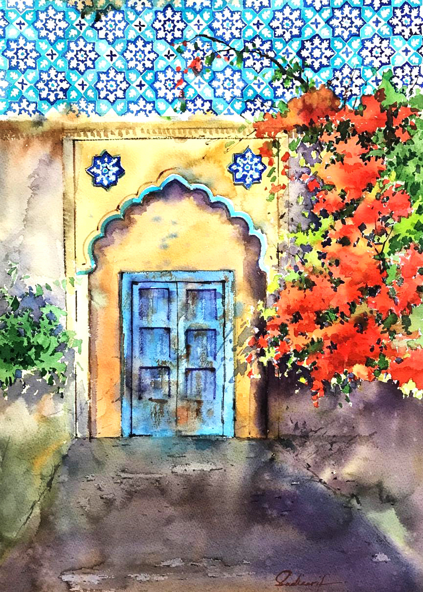 Sadia Arif Blue Heritage Door watercolor on paper 15x21 inches painting of blue door with tiles and flowers