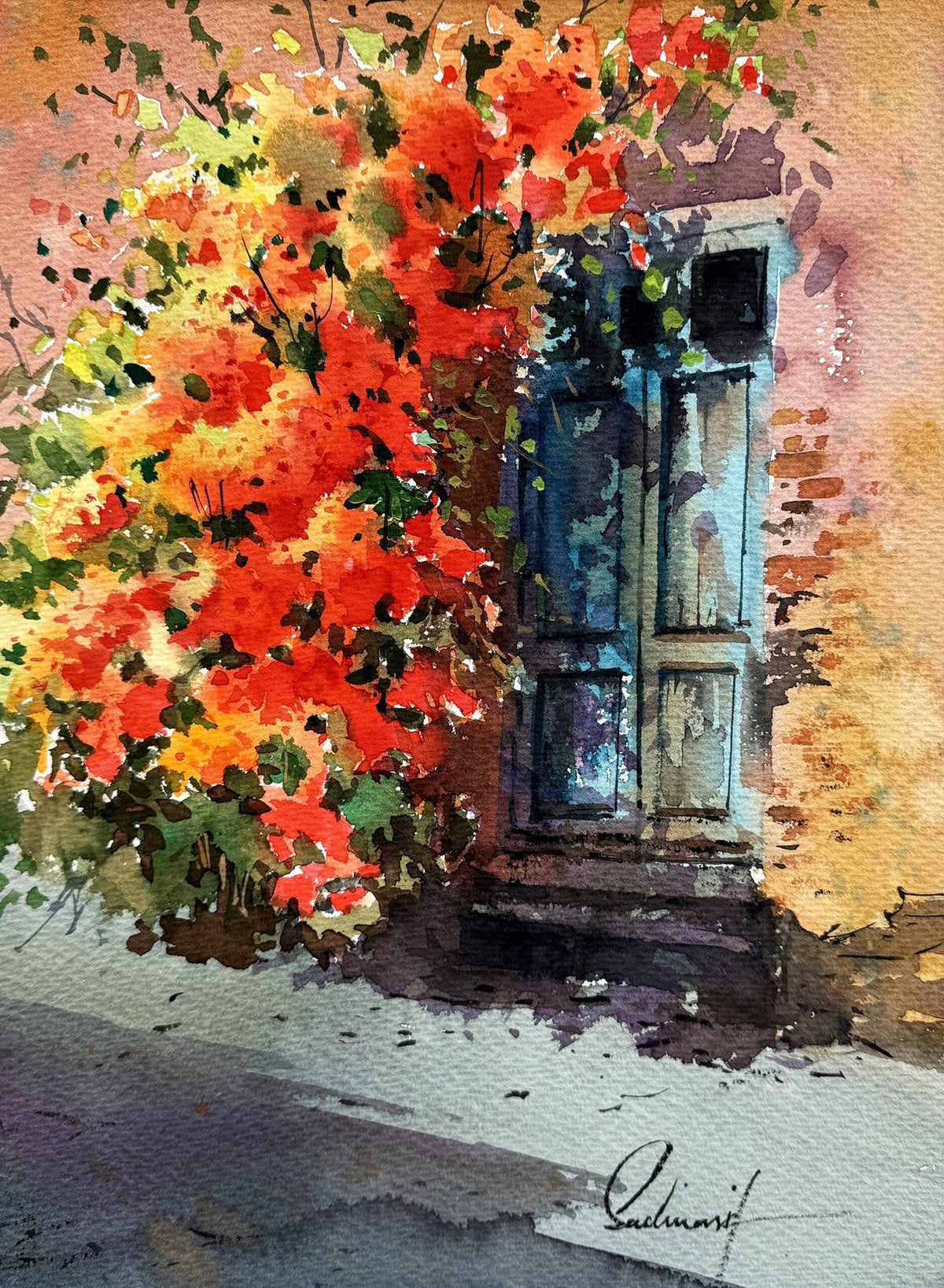 Sadia Arif Rustic Window Blooms watercolor on paper 11x15 inches blue window with orange bougainvillea painting