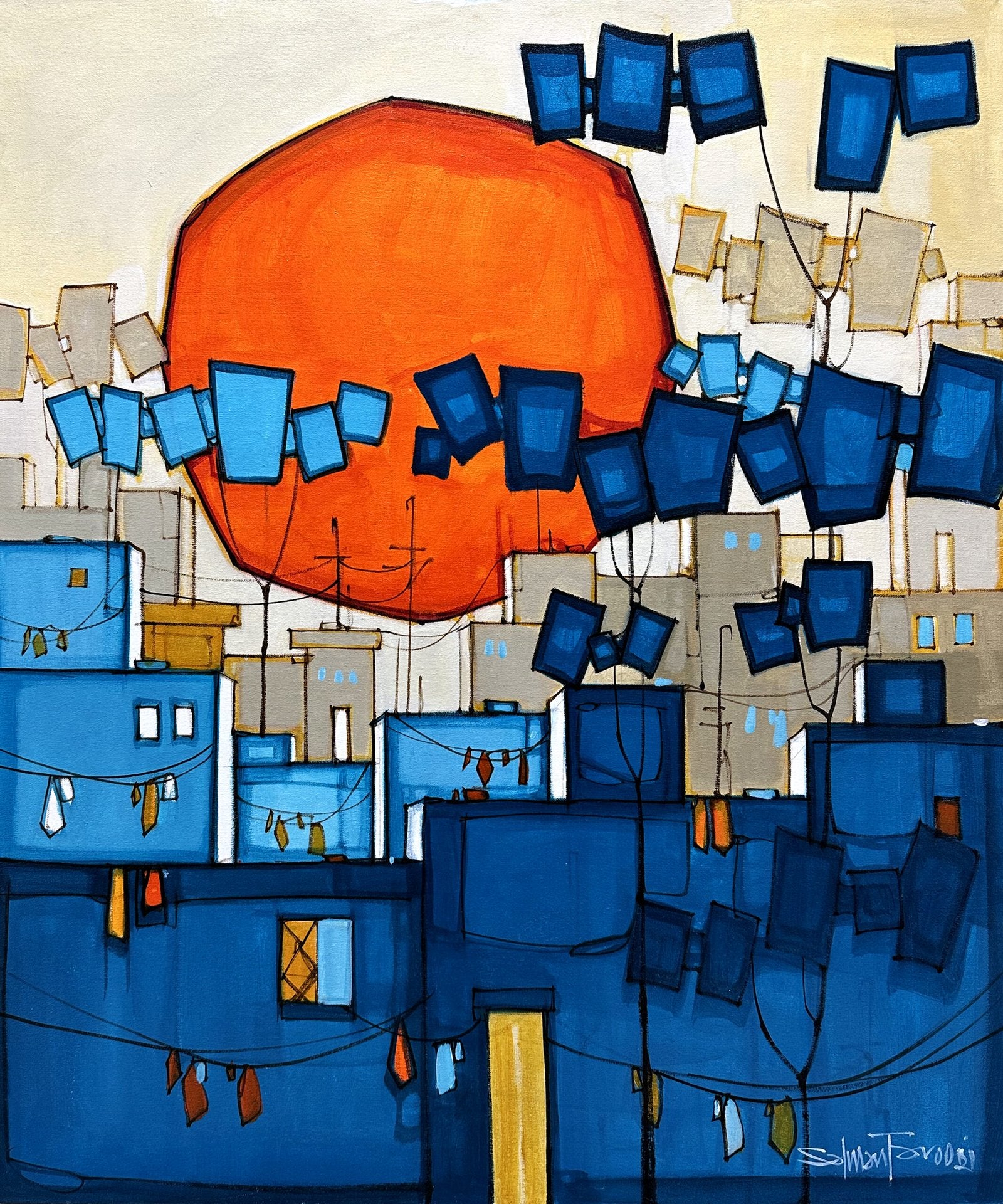 Salman Farooqi Cobalt Kites Acrylic on Canvas 30x36 inches