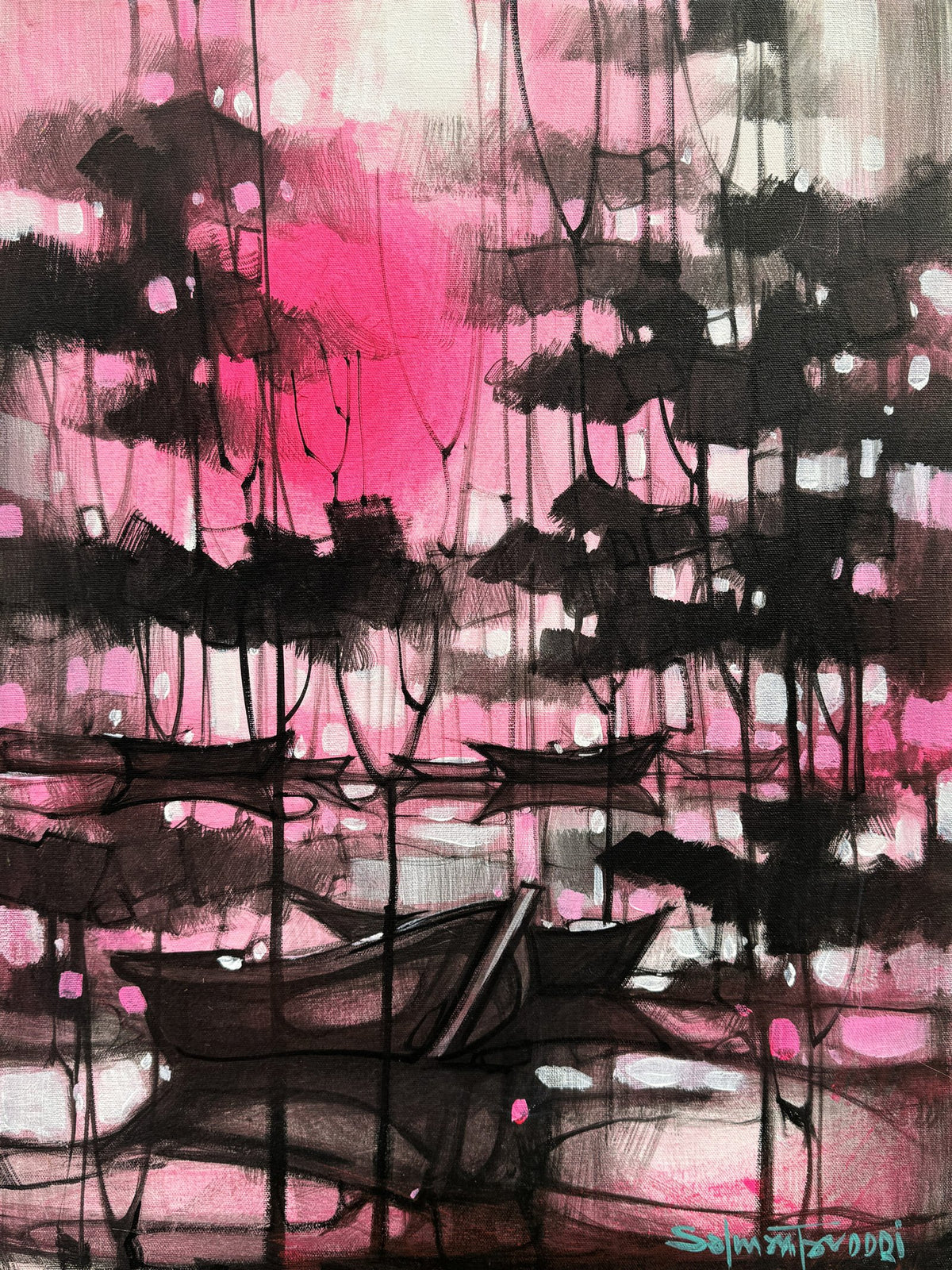 Salman Farooqi Harbor Dreams acrylic on canvas 18x24 inches Pakistani contemporary abstract painting of boats and pink harbor