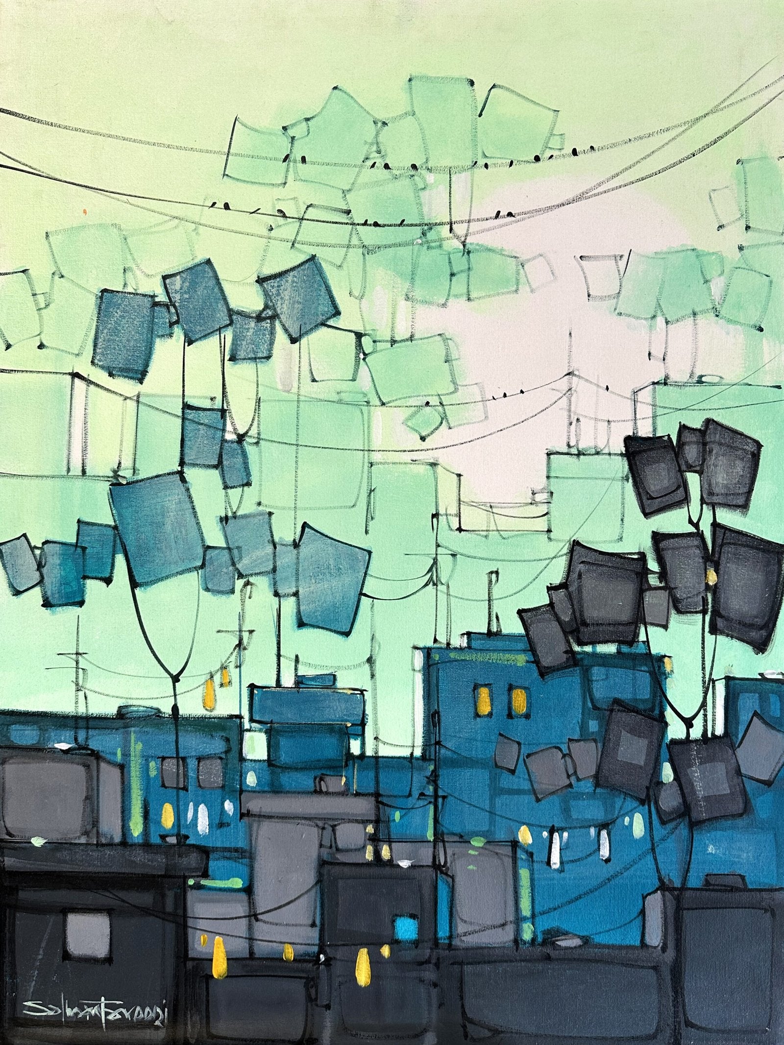 Salman Farooqi Teal Kites Acrylic on Canvas 18x24 inches