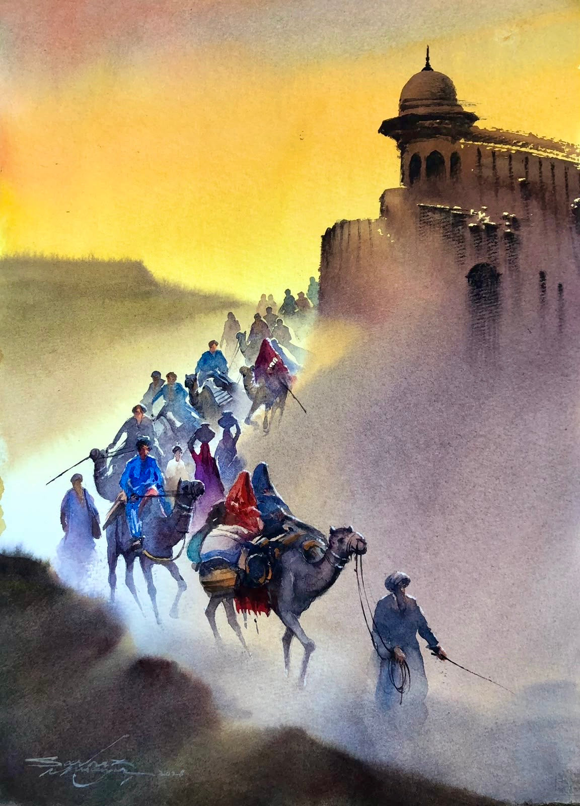 Sarfaraz Musawir desert caravan fort camels procession 11x15 watercolor