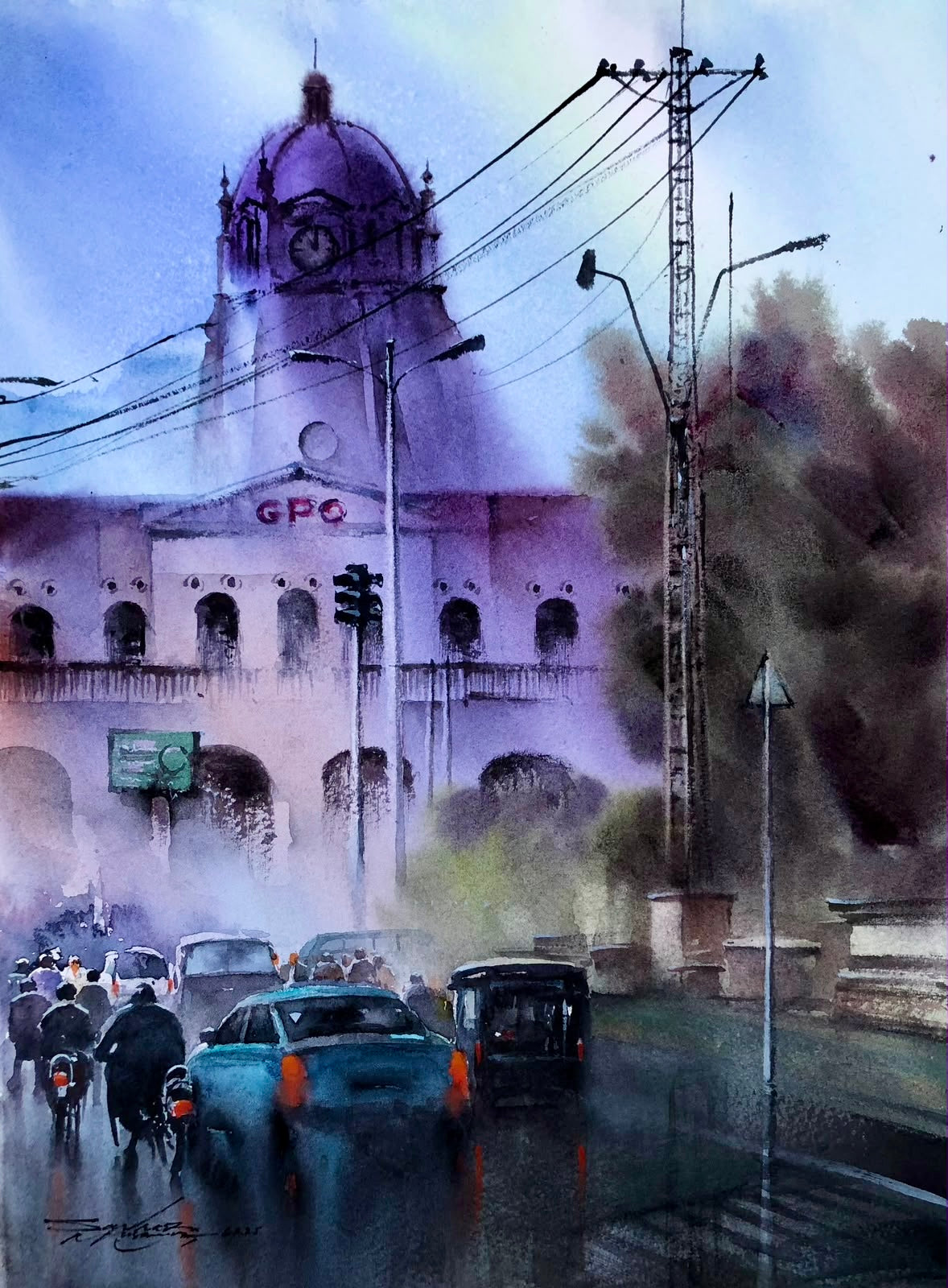 Sarfaraz Musawir GPO Lahore rainy day 11x15 watercolor cityscape traffic