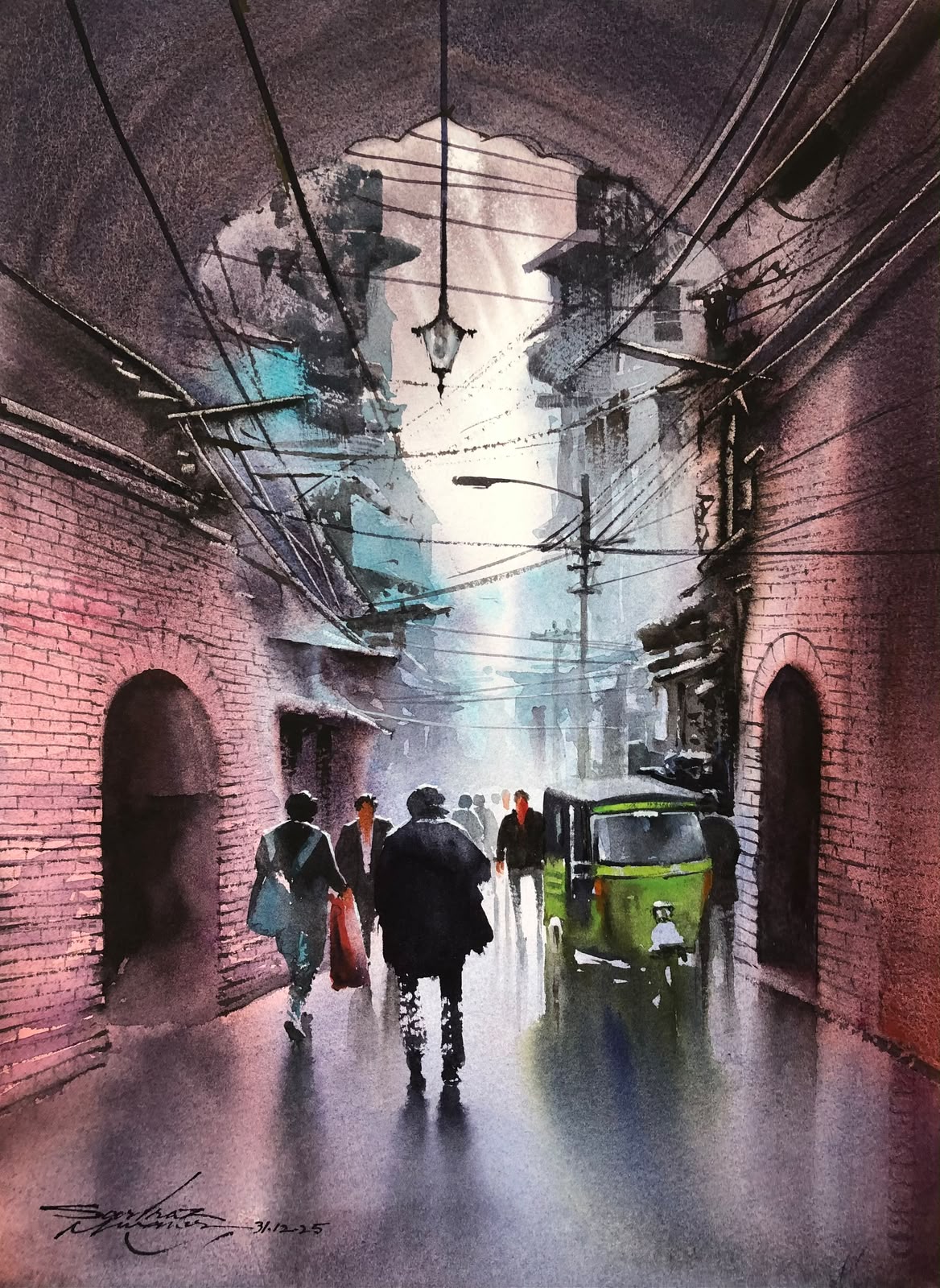 Sarfaraz Musawir walled city alley rickshaw wet street 11x15 watercolor