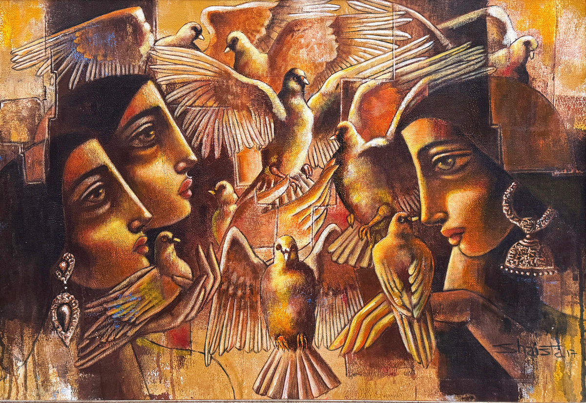 Shaista Momin 22x32 oil on canvas - three women with doves painting