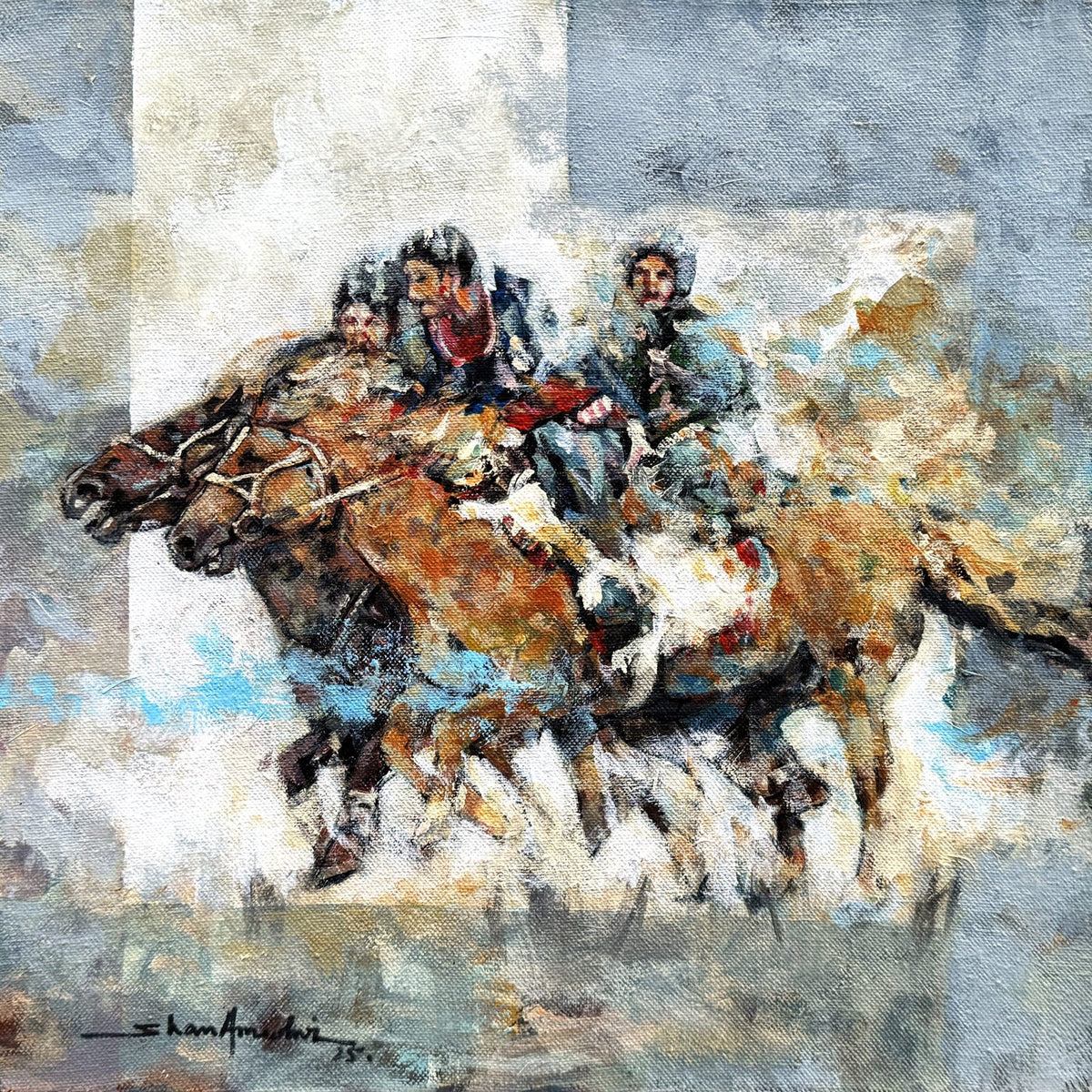 Shan Amrohvi Galloping Horses acrylic on canvas 12x12 inches three horses galloping abstract painting sold out