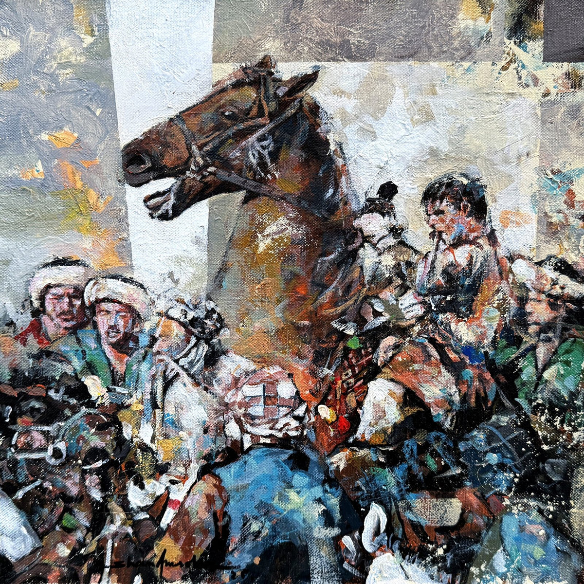 Shan Amrohvi Rearing Horse Bazar Life acrylic on canvas 12x12 inches brown horse rearing village crowd painting sold out