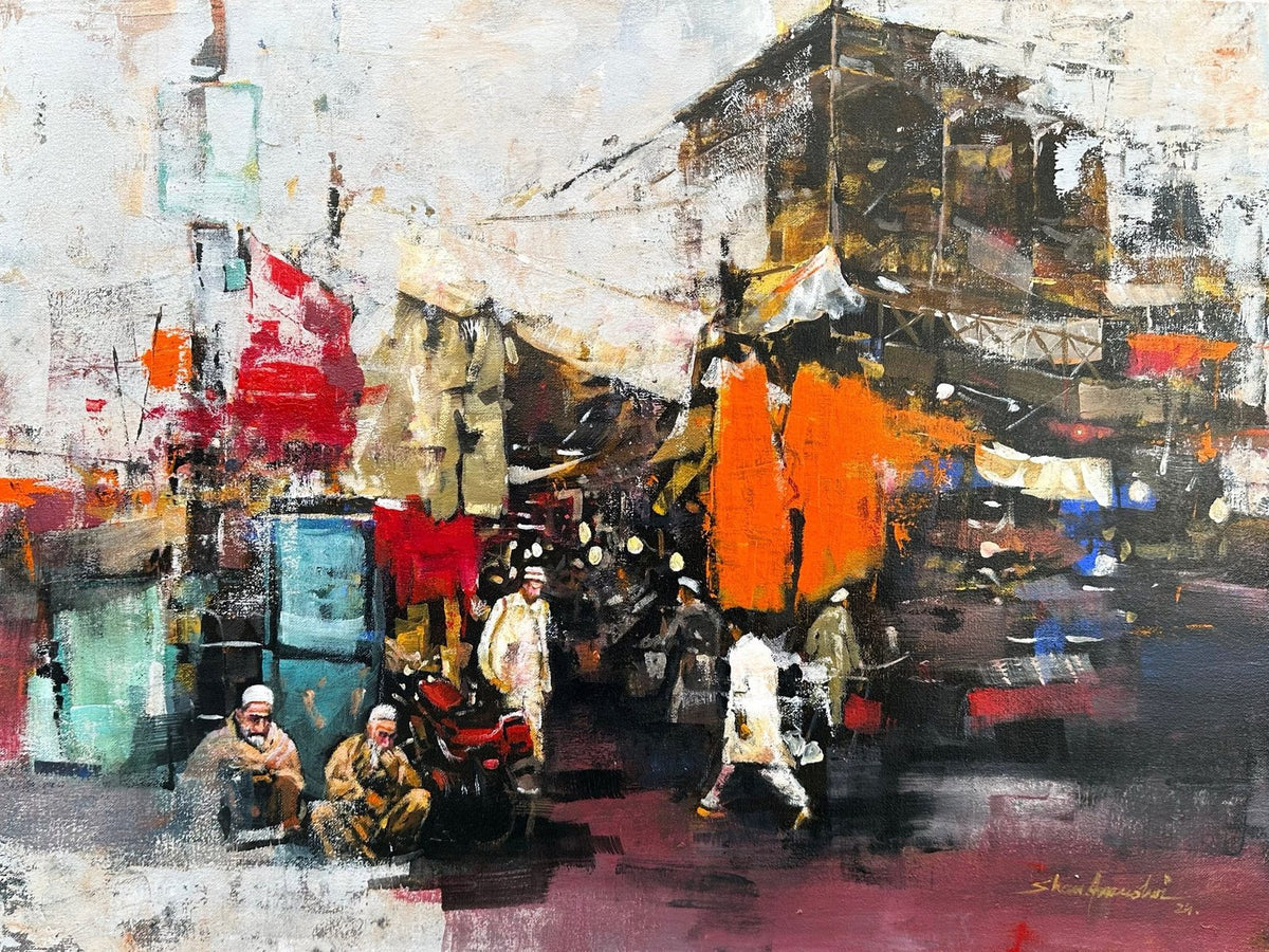 Shan Amrohvi Vibrant Bazar Street acrylic on canvas 18x24 inches colorful bazar market fabrics shops painting sold out