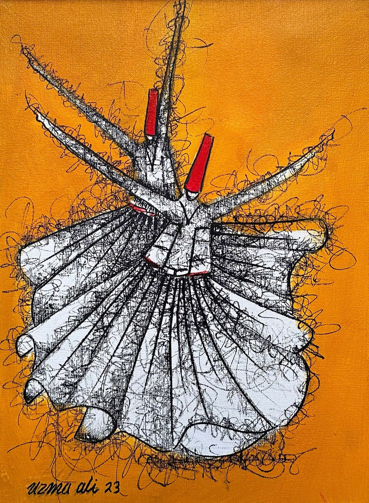 Uzma Rashid sacred rhythm dual sufi dervish orange acrylic on canvas 12x16 inches twin dervish painting
