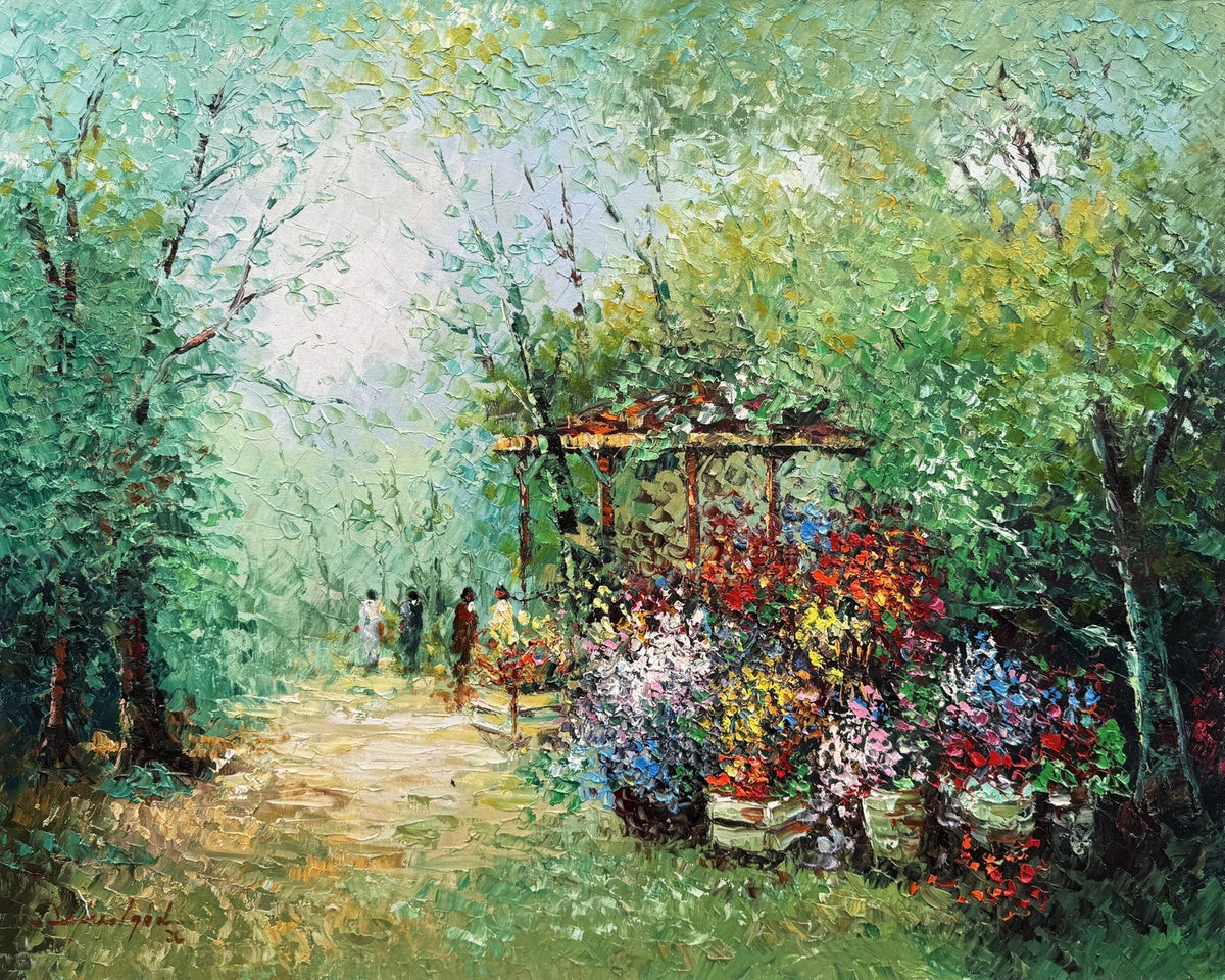 Zafar Iqbal Khan forest flower shop woodland path market oil on canvas 24x30 inches flower stall colorful flowers forest path impasto large landscape painting