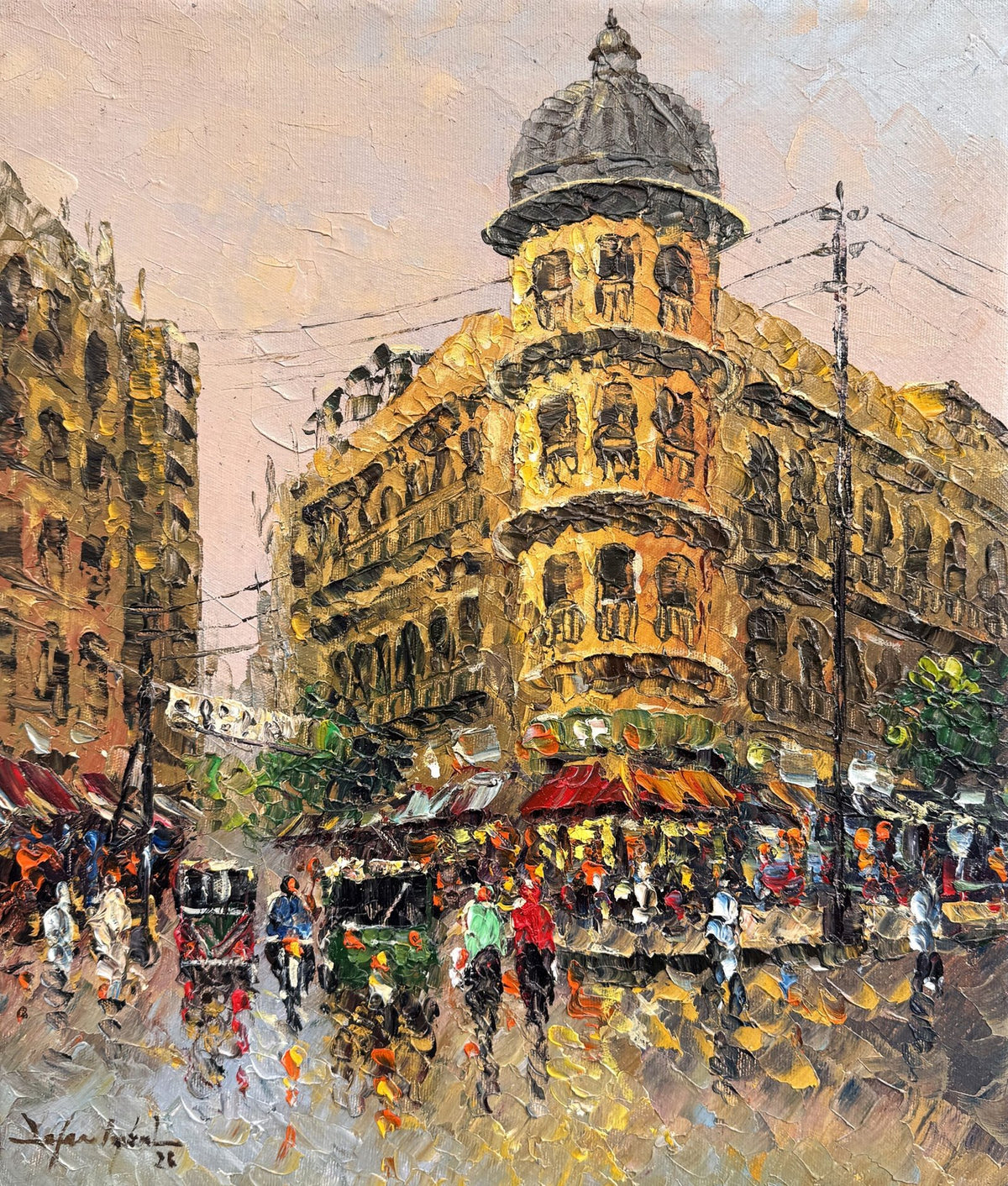 Zafar Iqbal Khan 14x16 oil on canvas - Karachi Historical Building heritage dome cityscape