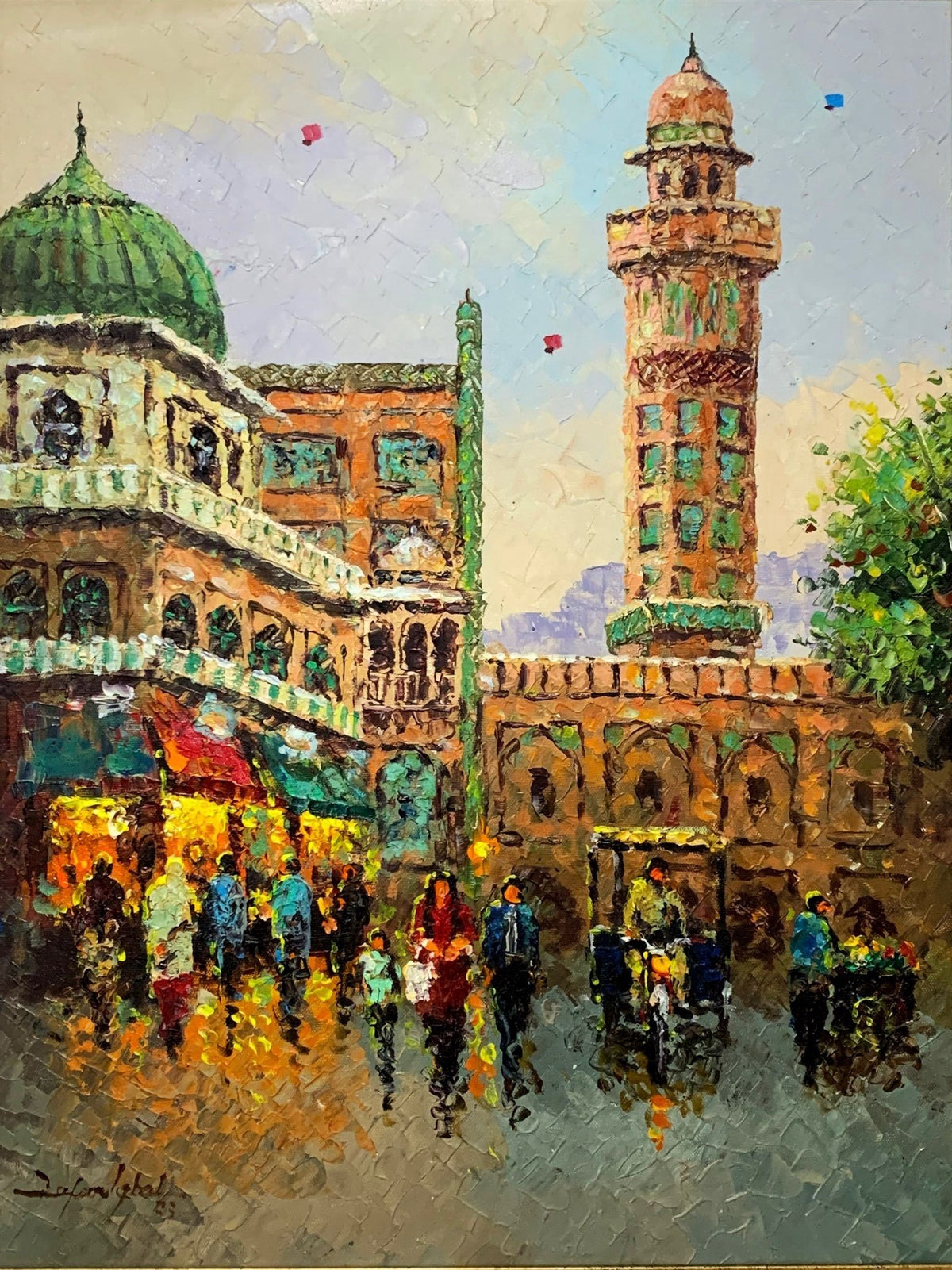 Zafar Iqbal Khan 18x24 oil on canvas - Lahore Cityscape minaret tower bazaar green dome