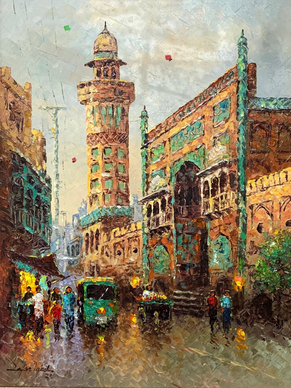 Zafar Iqbal Khan 18x24 oil on canvas - Lahore Cityscape Wazir Khan Mosque tower bazaar