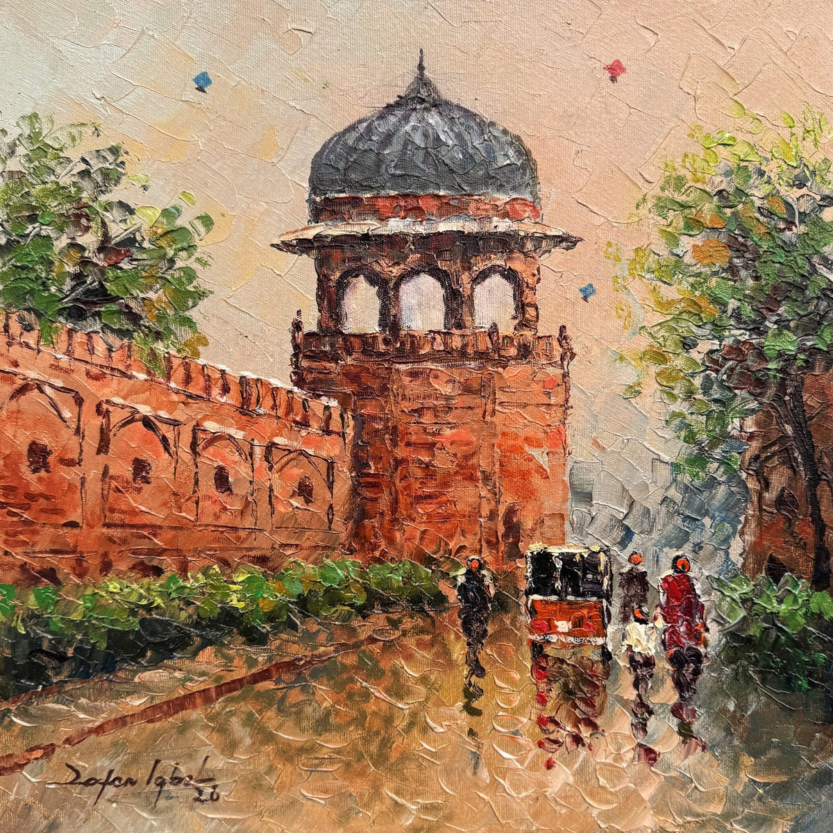 Zafar Iqbal Khan Lahore Fort domed bastion kite festival oil on canvas 14x14 inches Shahi Qila red fort wall grey dome kites rainy reflections impasto painting