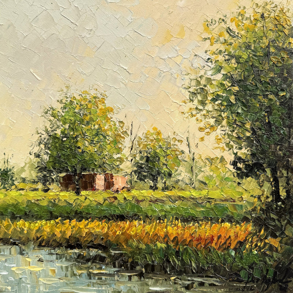 Zafar Iqbal Khan Modern Landscape Series stream side fields hut trees oil on canvas 14x14 inches countryside landscape impasto painting