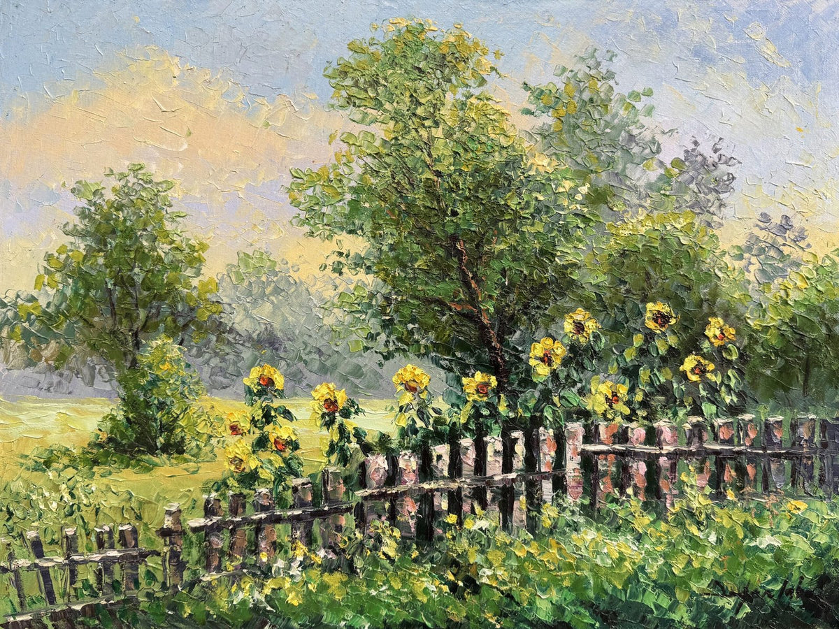 Zafar Iqbal Khan sunflower garden wooden fence meadow oil on canvas 18x24 inches yellow sunflowers picket fence green trees impasto landscape painting